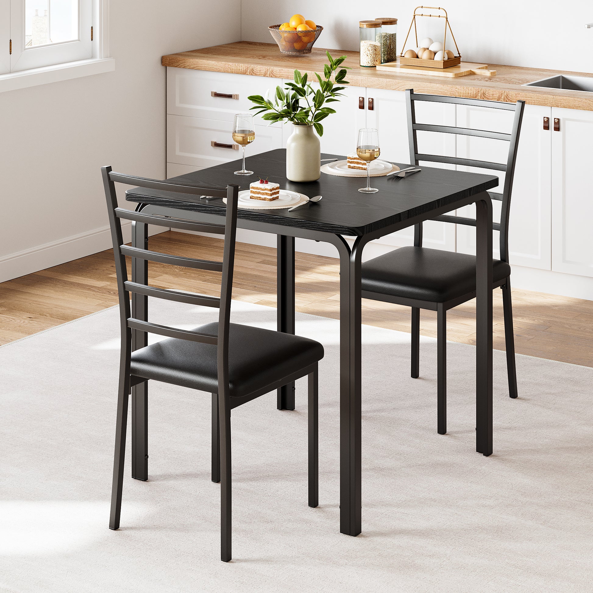 Garvee Small Square Dining Table Set for 2, Space Saving Wood Dinette with Upholstered Seats, Ideal for Kitchen, Dining Room, Home Office, Black