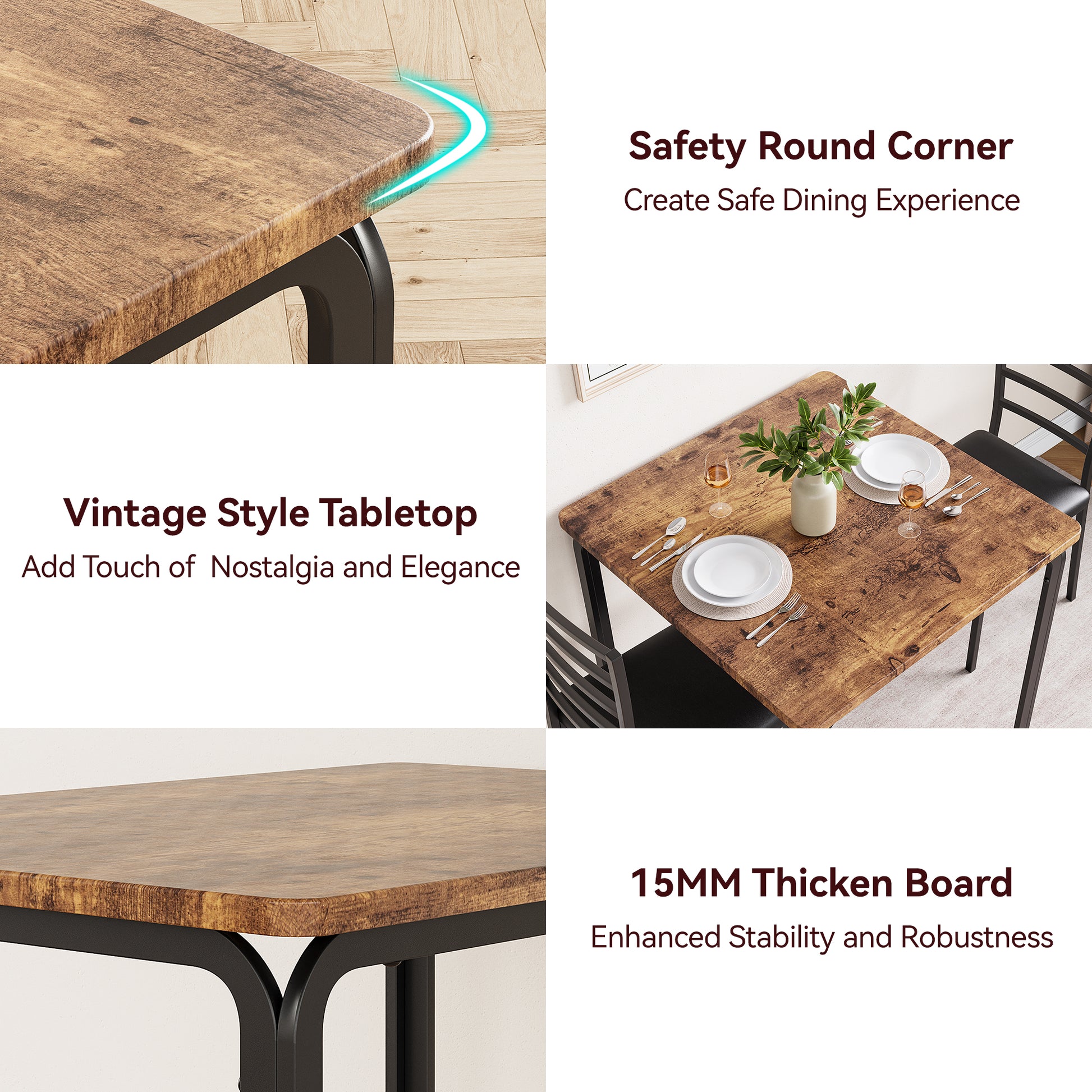 Garvee Small Square Dining Table Set for 2, Space Saving Wood Dinette with Upholstered Seats, Ideal for Kitchen, Dining Room, Home Office, Brown