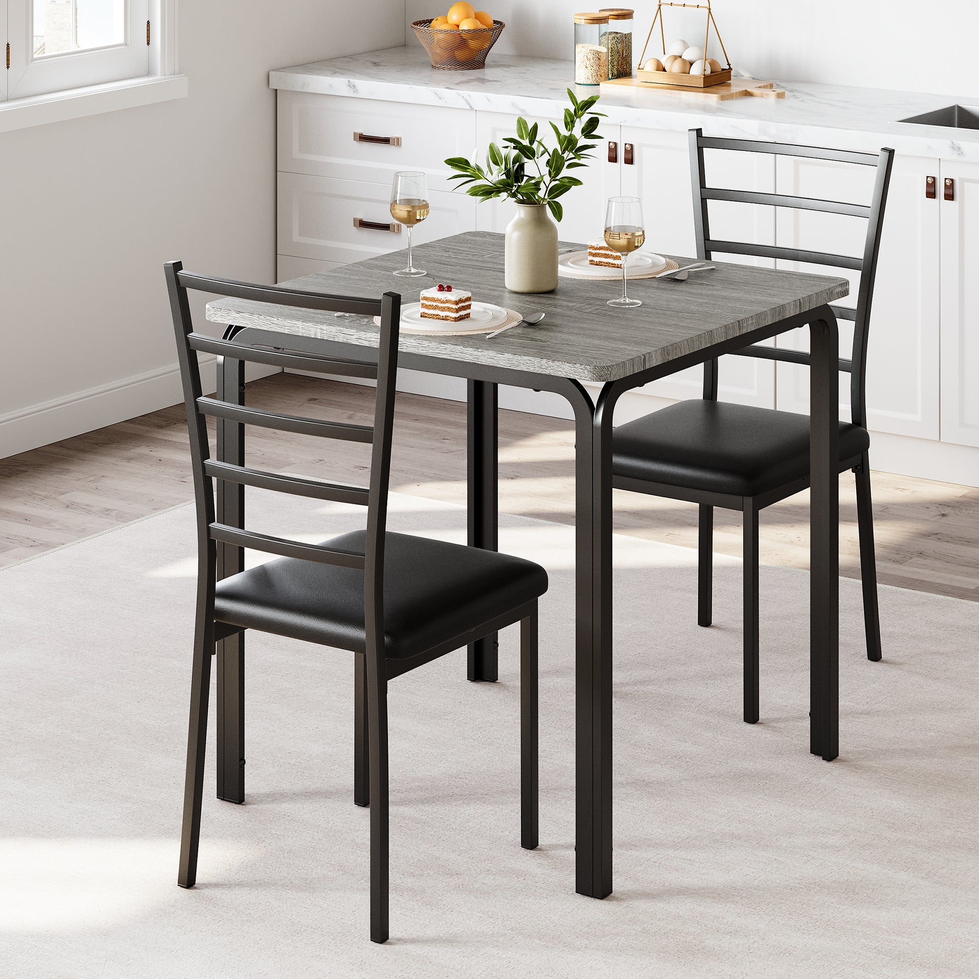 Garvee Small Square Dining Table Set for 2, Space Saving Wood Dinette with Upholstered Seats, Ideal for Kitchen, Dining Room, Home Office, Grey