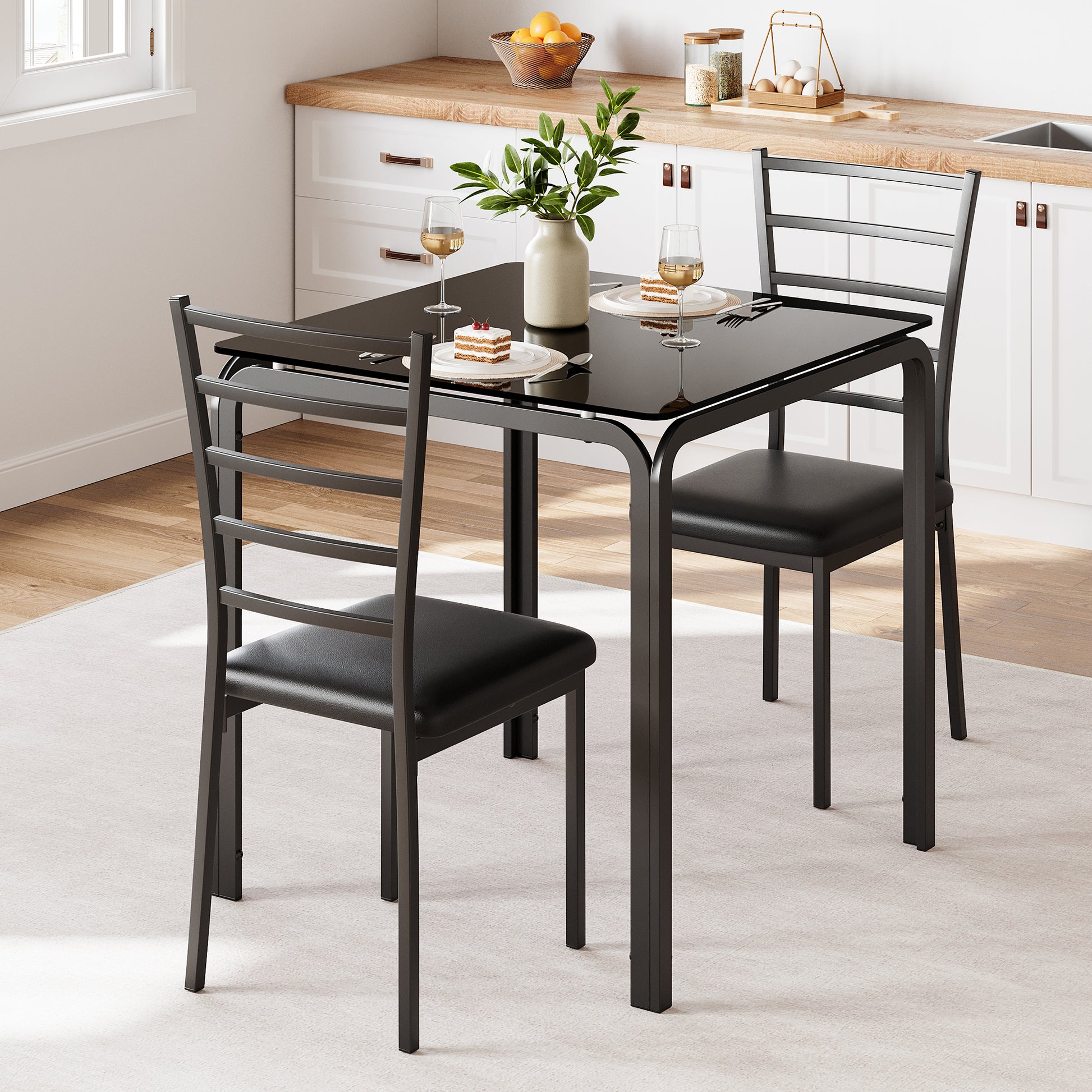 Garvee Glass Dining Table for 2, Space Saving Dinette with Upholstered Seats, Ideal for Kitchen, Dining Room, Home Office, Black Glass