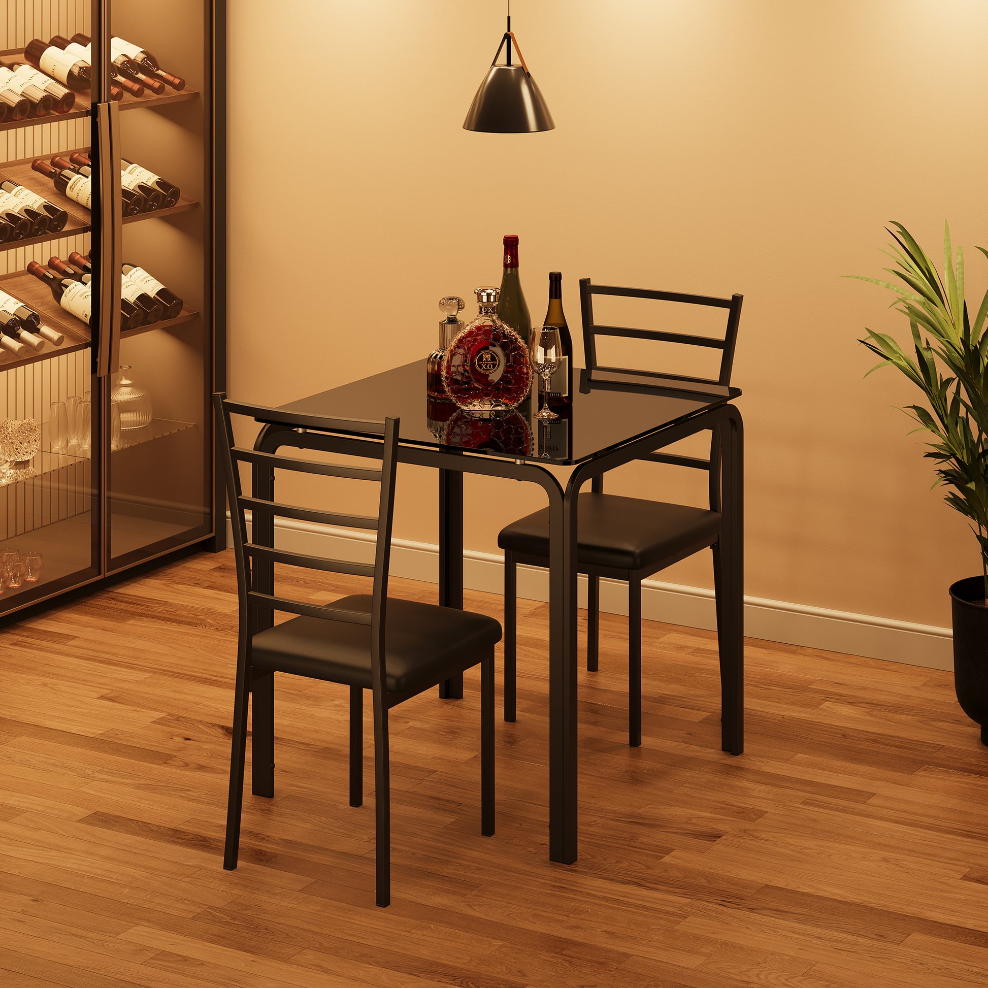 Garvee Glass Dining Table for 2, Space Saving Dinette with Upholstered Seats, Ideal for Kitchen, Dining Room, Home Office, Black Glass