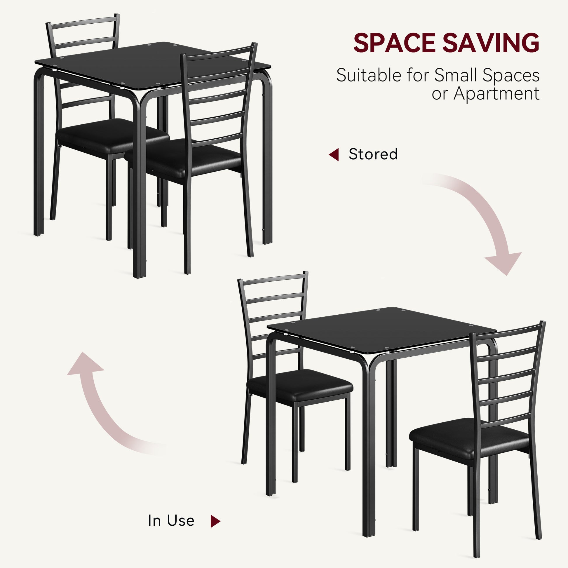 Garvee Glass Dining Table for 2, Space Saving Dinette with Upholstered Seats, Ideal for Kitchen, Dining Room, Home Office, Black Glass