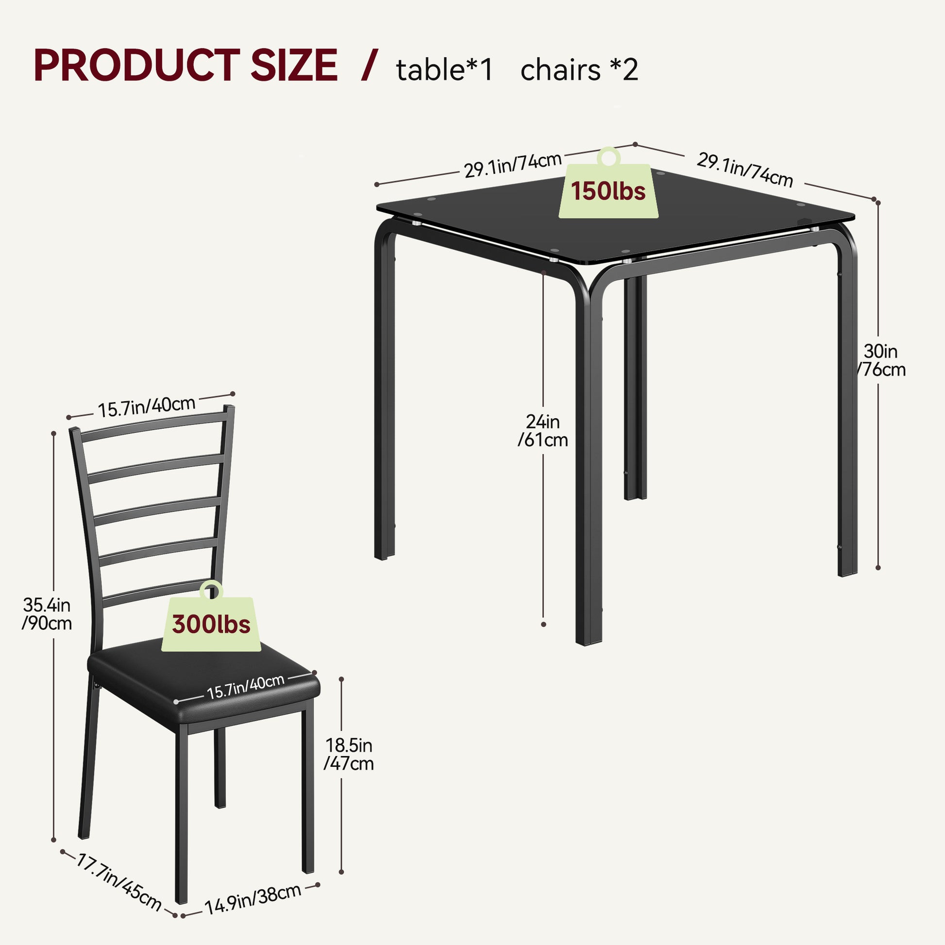 Garvee Glass Dining Table for 2, Space Saving Dinette with Upholstered Seats, Ideal for Kitchen, Dining Room, Home Office, Black Glass