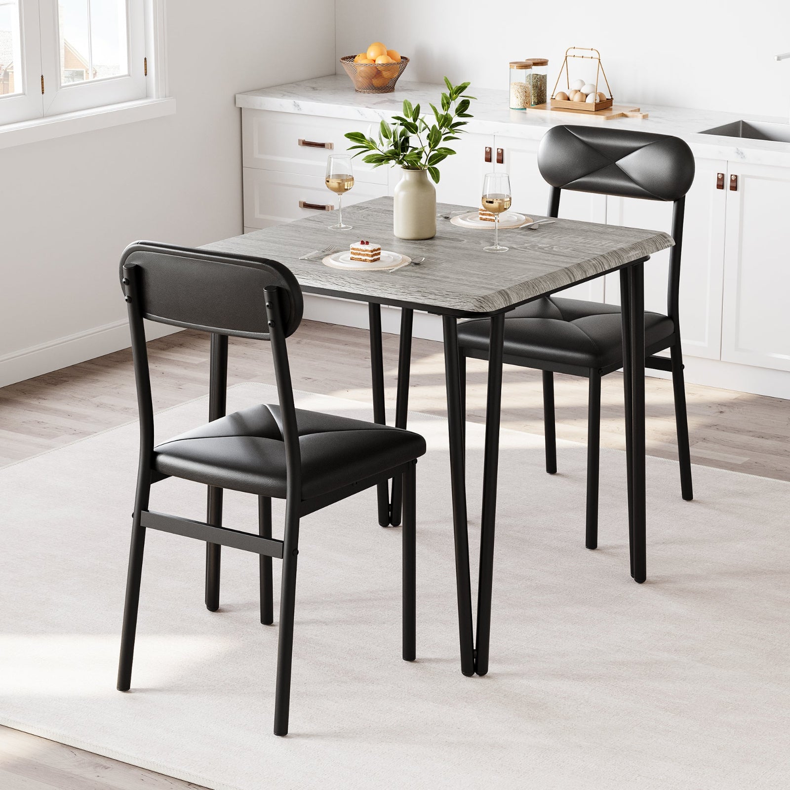 Garvee Dining Table Set for 2, Space-Saving Wood Modern Dinette, Upholstered Seats, Metal Frames, Ideal for Small Spaces, Home Office, Breakfast Nook, Grey