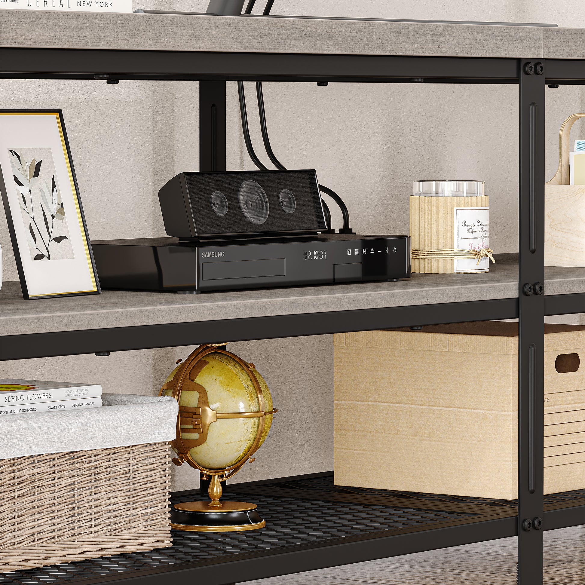 Garvee Industrial TV Stand for 65+ Inch TV, High-Density MDF & Metal, Open Shelves, Adjustable Footpads, Living Room