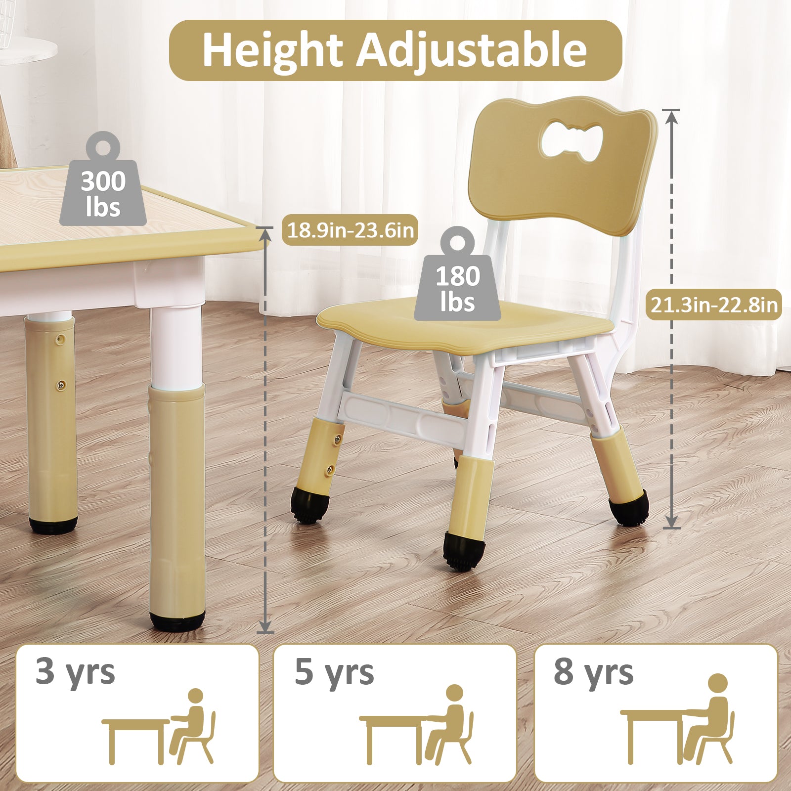 Garvee Square Kids Table and Chairs Set, 60 x 60CM, Height Adjustable Desk with 4 Seats, Graffiti Desktop, Non-Slip Legs, Multi-Activity Table for Classrooms Daycares Home - Wood Color
