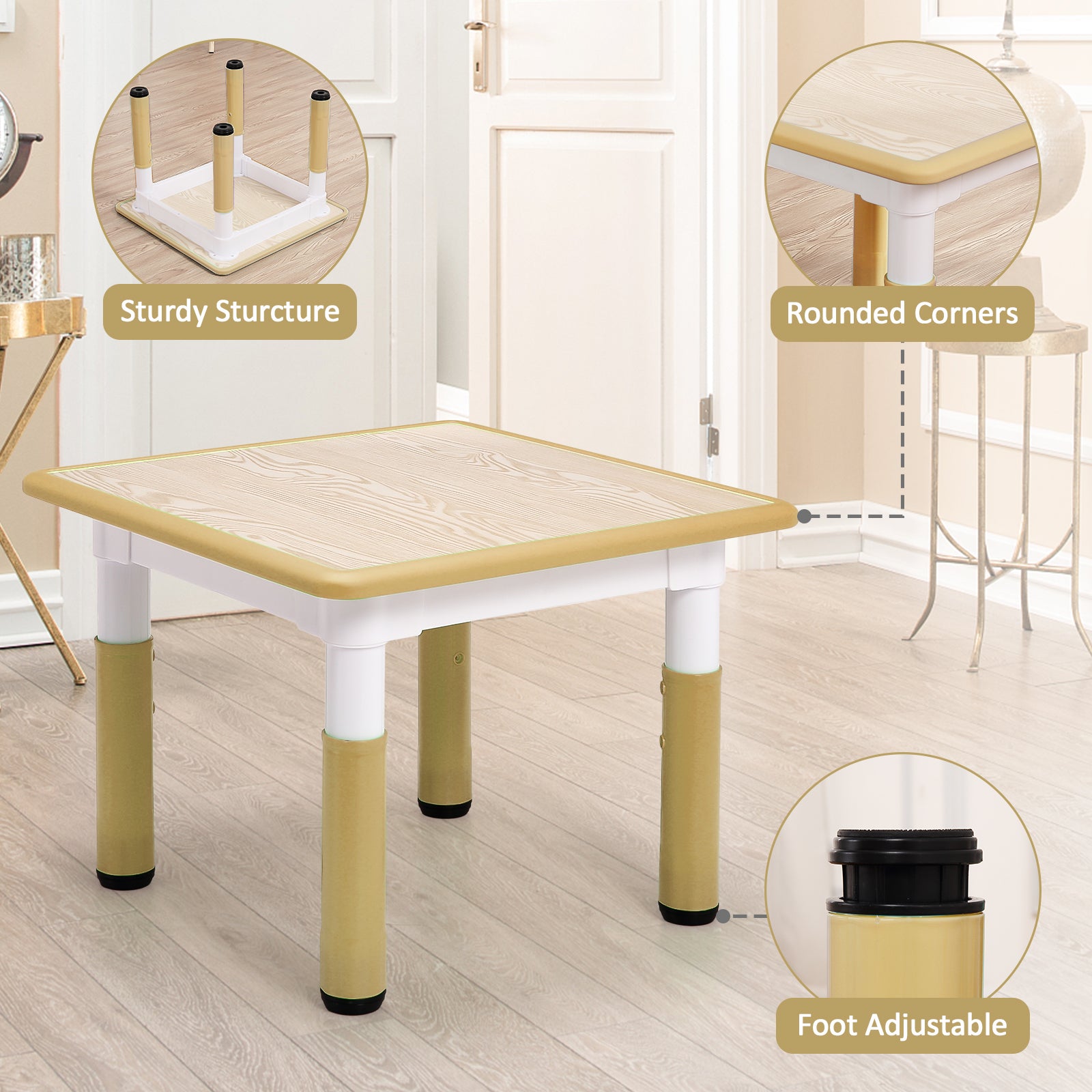 Garvee Square Kids Table and Chairs Set, 60 x 60CM, Height Adjustable Desk with 4 Seats, Graffiti Desktop, Non-Slip Legs, Multi-Activity Table for Classrooms Daycares Home - Wood Color