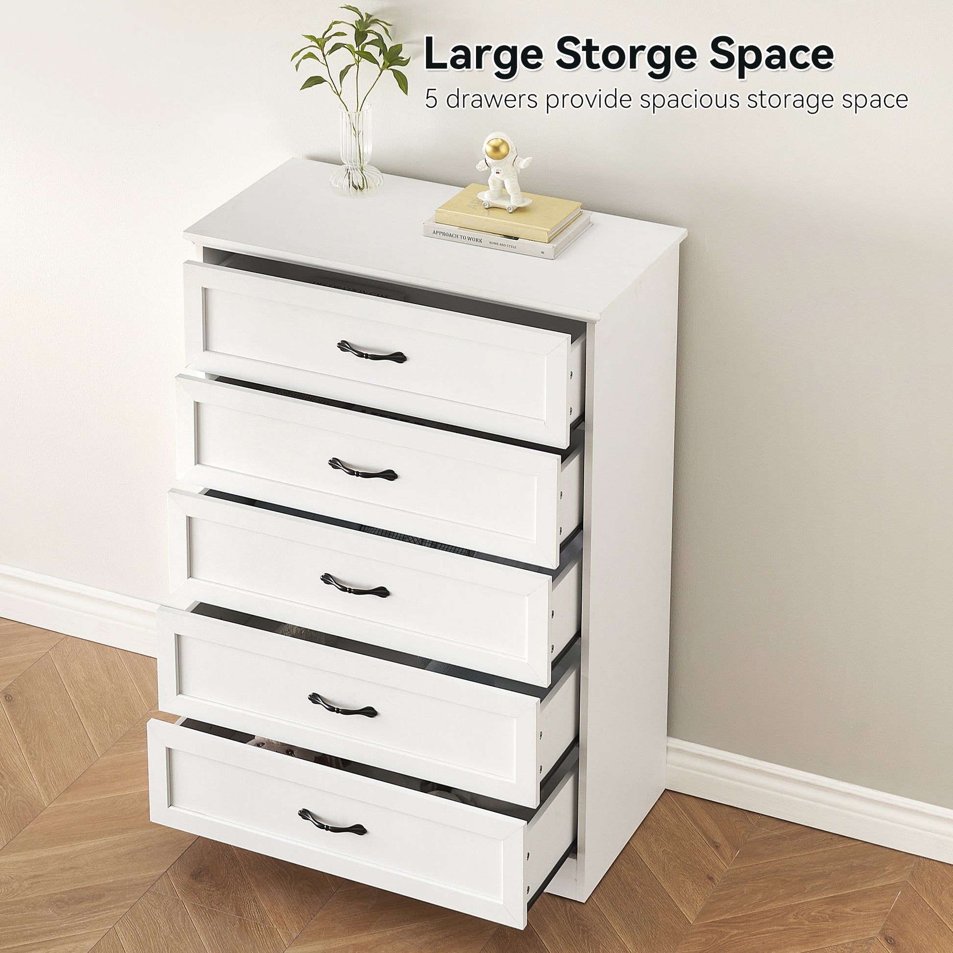 Garvee 5 Drawers Dresser for Bedroom, Chest of Drawers with Wide Metal Handle, Farmhouse Modern Wooden Dresser Storage Organizer for Bedroom, Living Room, Kids Room(White)