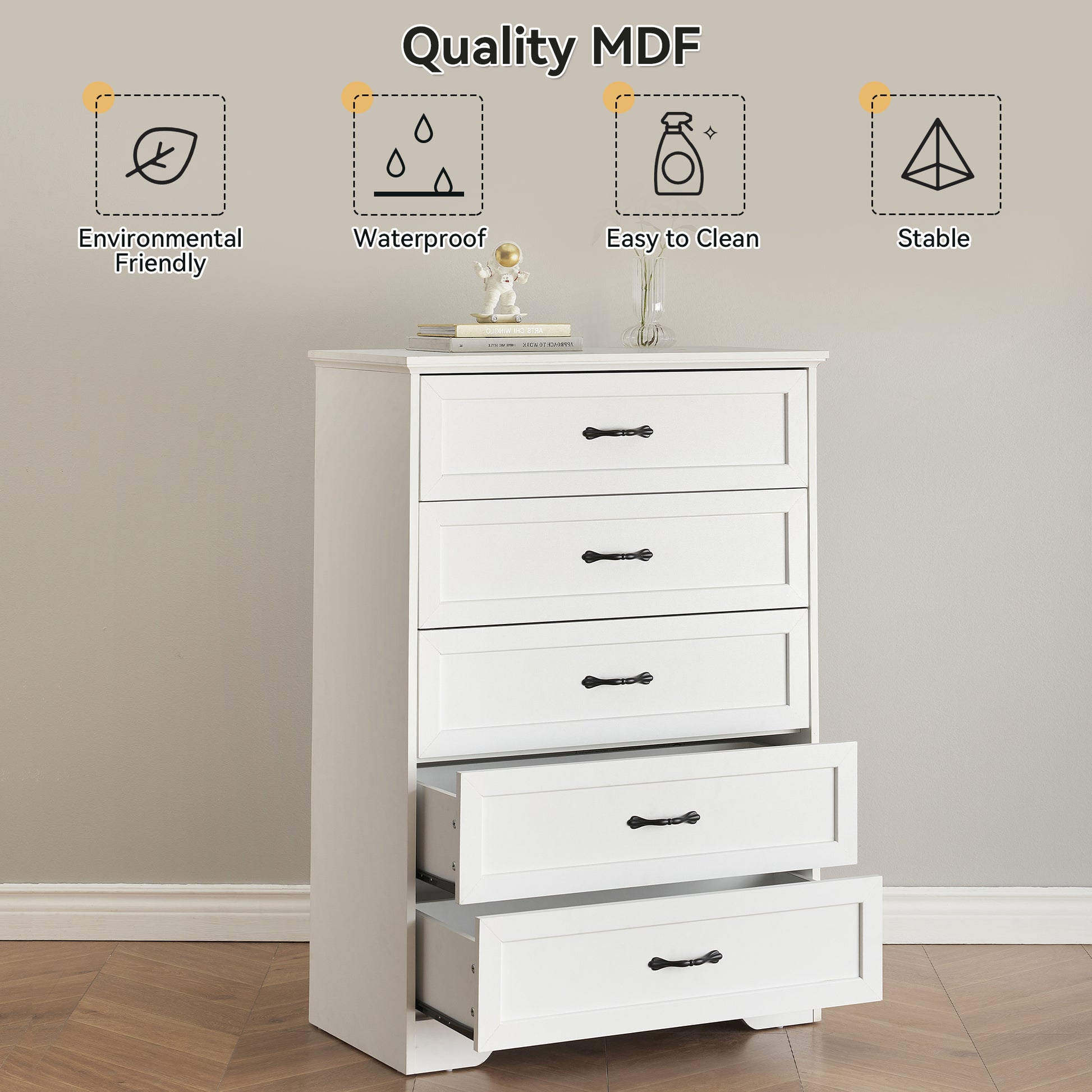 Garvee 5 Drawers Dresser for Bedroom, Chest of Drawers with Wide Metal Handle, Farmhouse Modern Wooden Dresser Storage Organizer for Bedroom, Living Room, Kids Room(White)