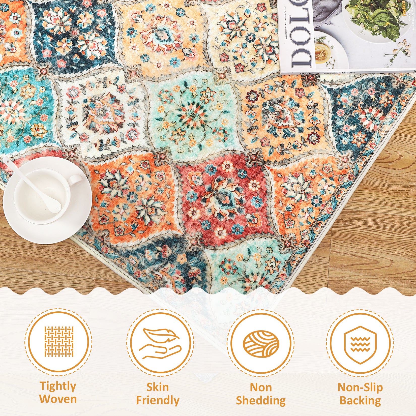 Garvee Machine Washable Rug 4x6 | Non-Slip, Ultra-Thin | Faux Wool, Vintage Trellis | Living Room, Bedroom, Dining Room