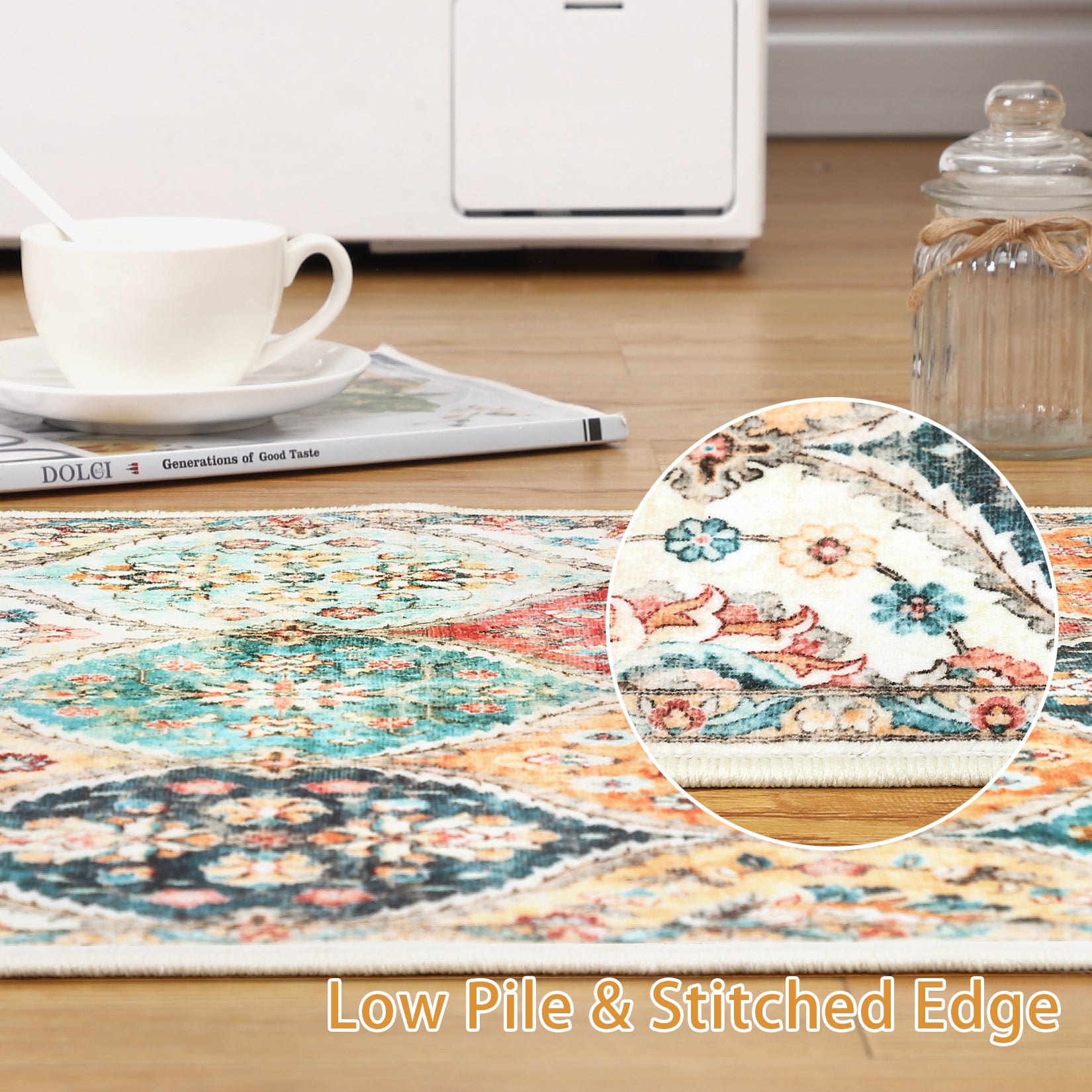 Garvee Machine Washable Rug 4x6 | Non-Slip, Ultra-Thin | Faux Wool, Vintage Trellis | Living Room, Bedroom, Dining Room