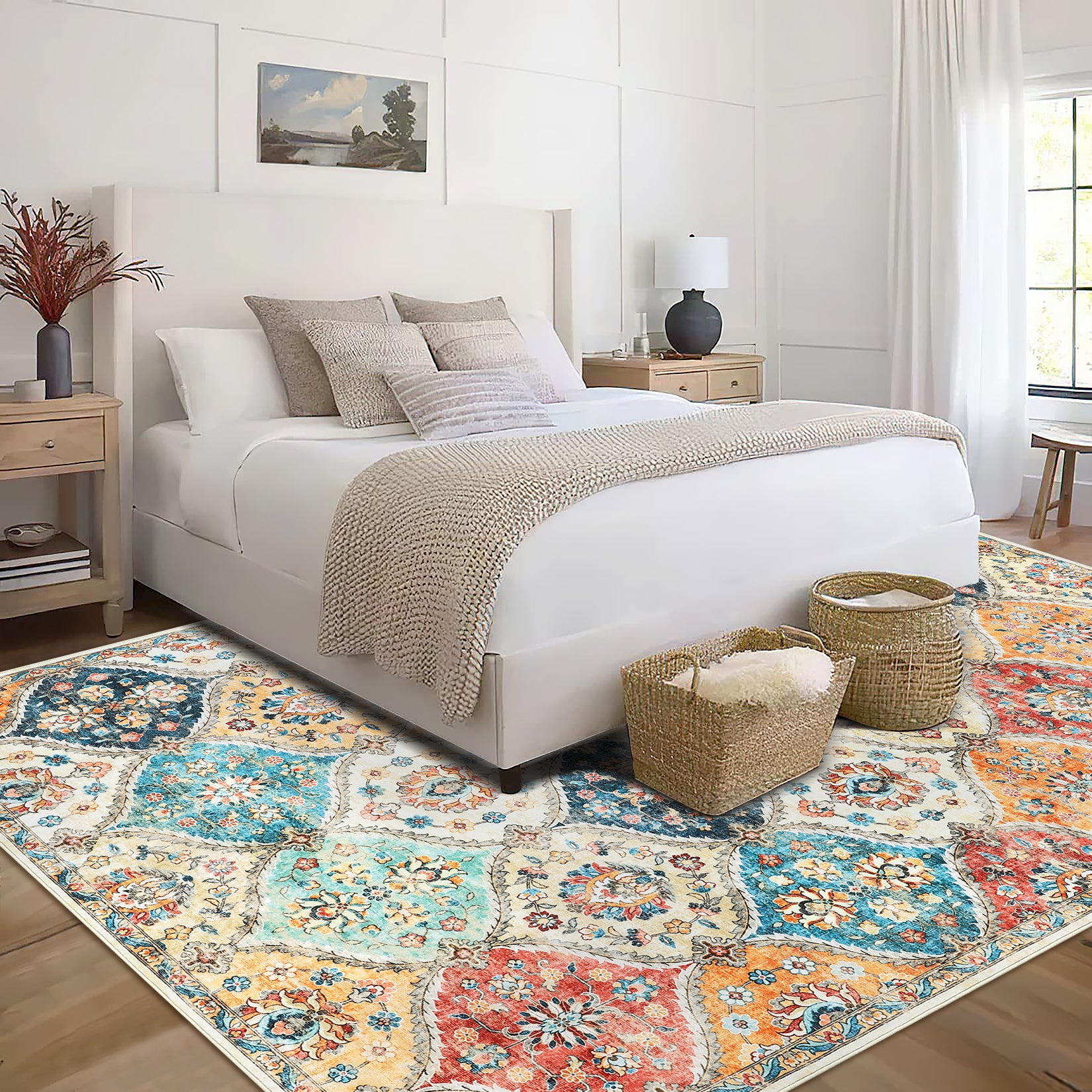 Garvee 10x13 Area Rug Extra Large Moroccan Trellis Machine Washable Rug Vintage Medallion Distressed Accent Rug Stain Resistant Non-Slip Floor Cover Carpet Rug for Living Room Bedroom