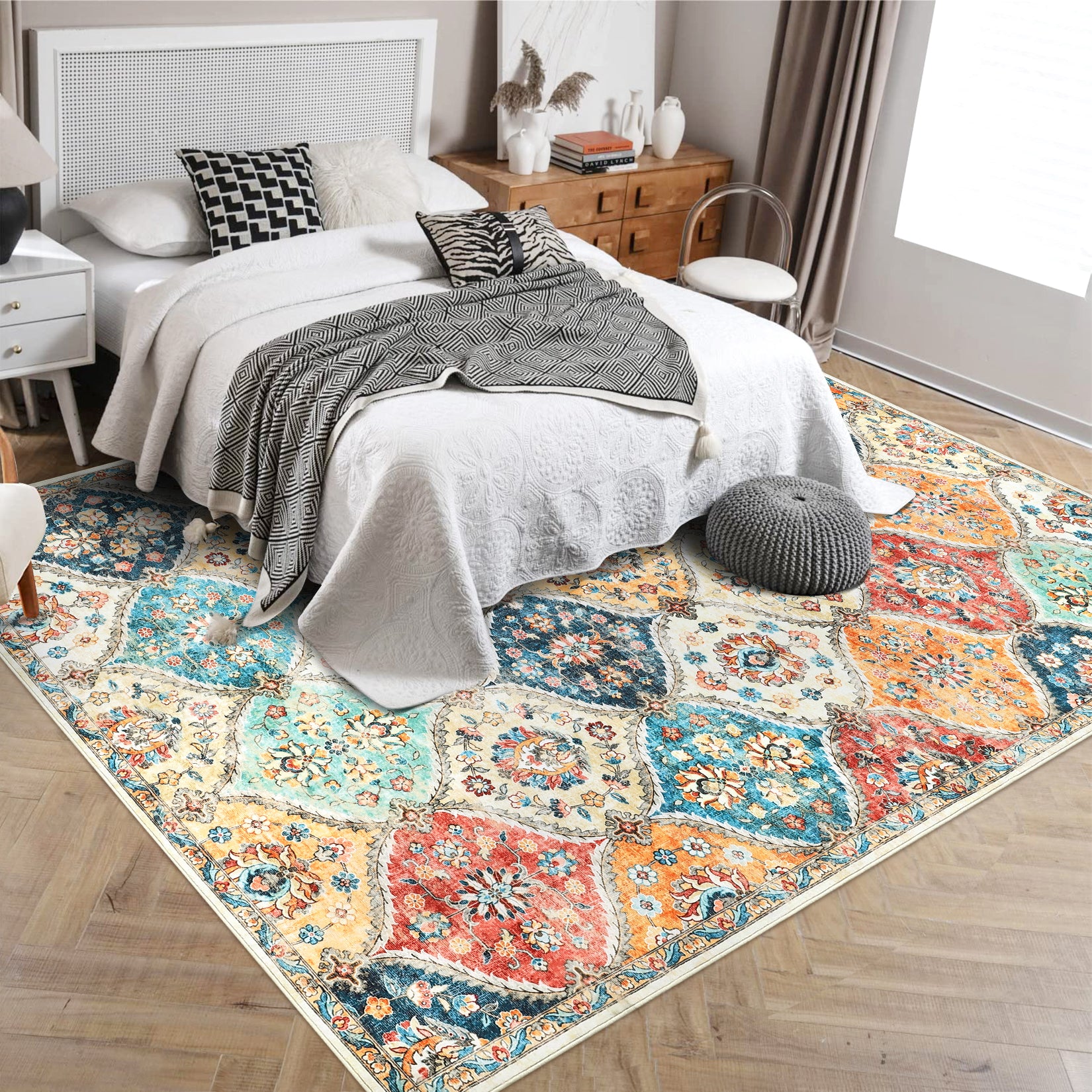Garvee 10x13 Area Rug Extra Large Moroccan Trellis Machine Washable Rug Vintage Medallion Distressed Accent Rug Stain Resistant Non-Slip Floor Cover Carpet Rug for Living Room Bedroom