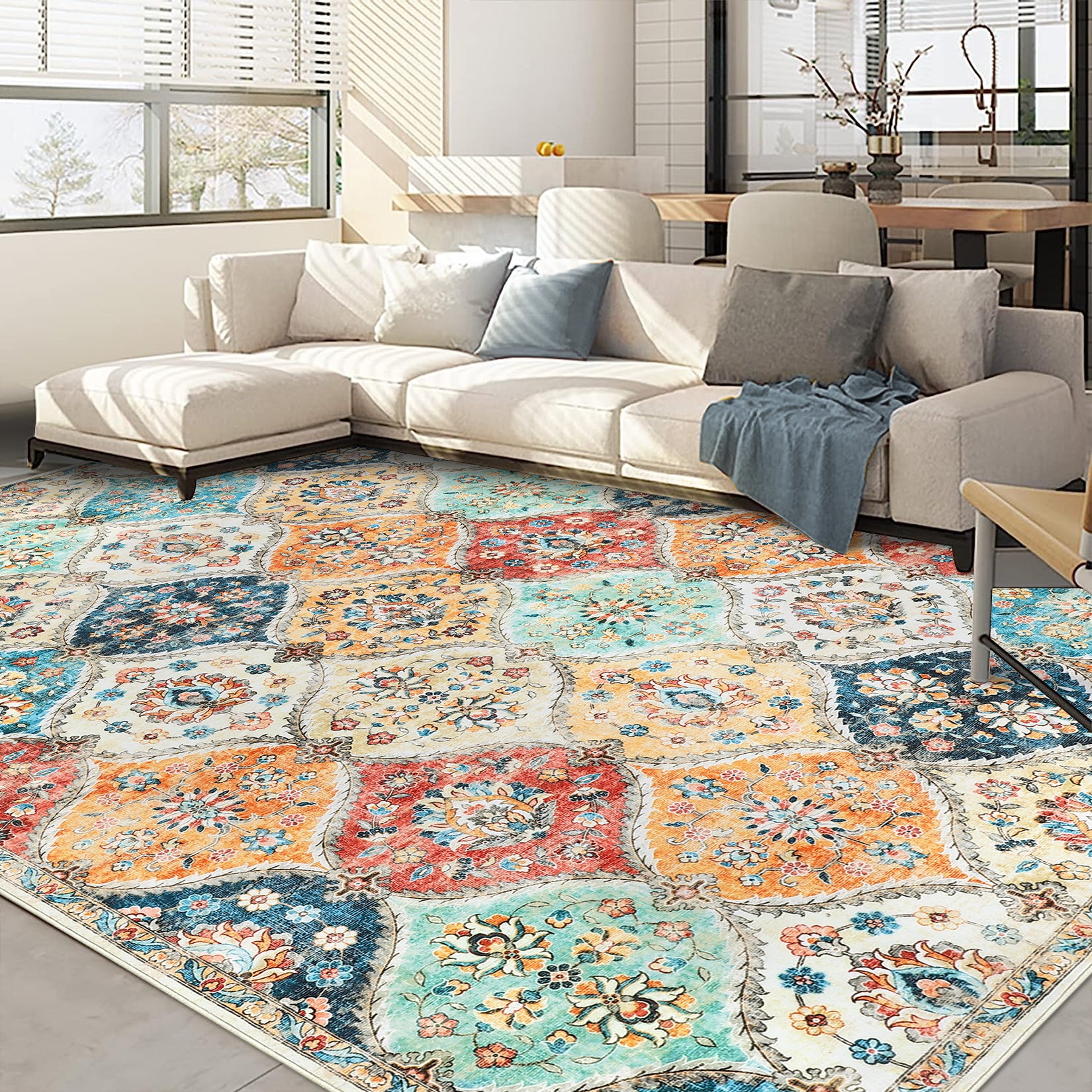 Garvee 10x13 Area Rug Extra Large Moroccan Trellis Machine Washable Rug Vintage Medallion Distressed Accent Rug Stain Resistant Non-Slip Floor Cover Carpet Rug for Living Room Bedroom