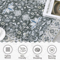 Garvee Washable Rug 8x10 Living Room Area Rug,Indoor Vintage Throw Carpet Mat Distressed Floral Print Bedroom Rugs Lightweight Foldable Thin Rug Non Slip Home Decor Mat for Dining Room Kitchen, Grey