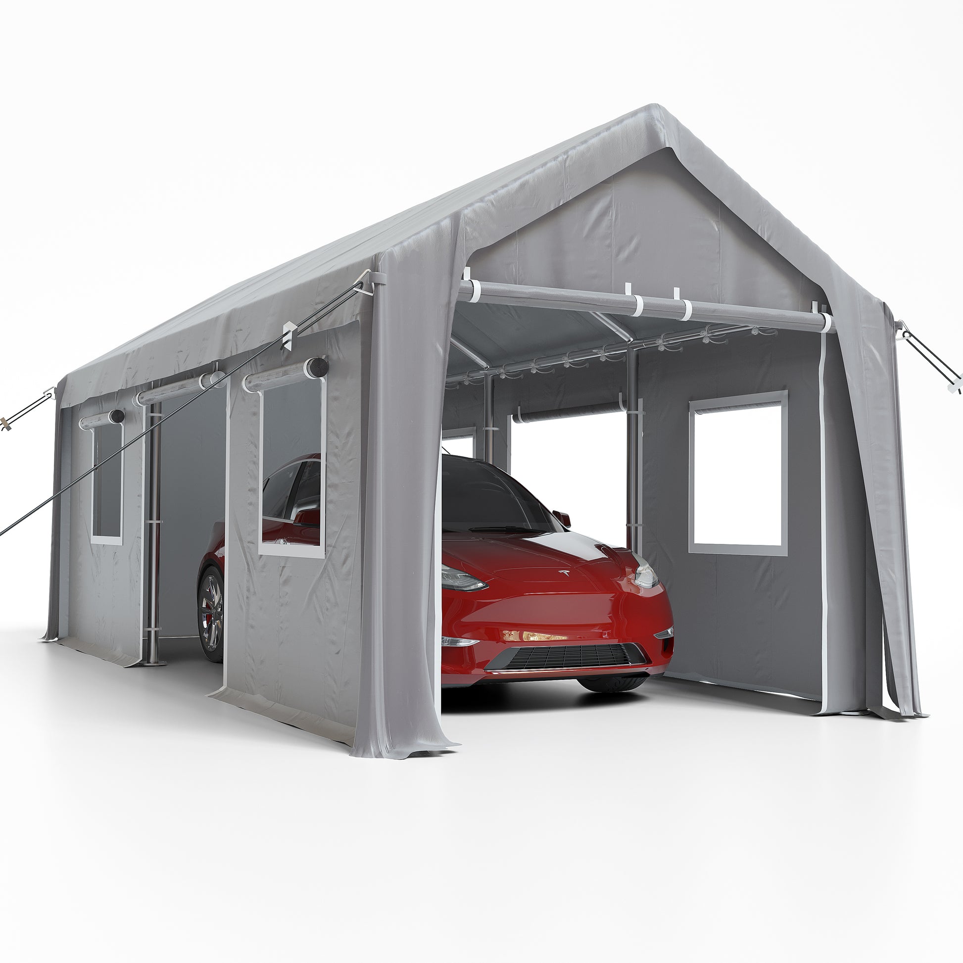 Garvee 10' X 20' Heavy Duty Car Shelter with Roll-Up Doors & Windows, Height Adjustable, for Car & Boat, Grey