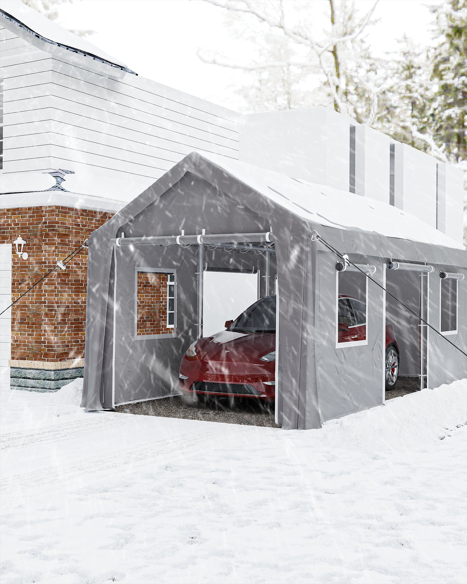 Garvee 10' X 20' Heavy Duty Car Shelter with Roll-Up Doors & Windows, Height Adjustable, for Car & Boat, Grey