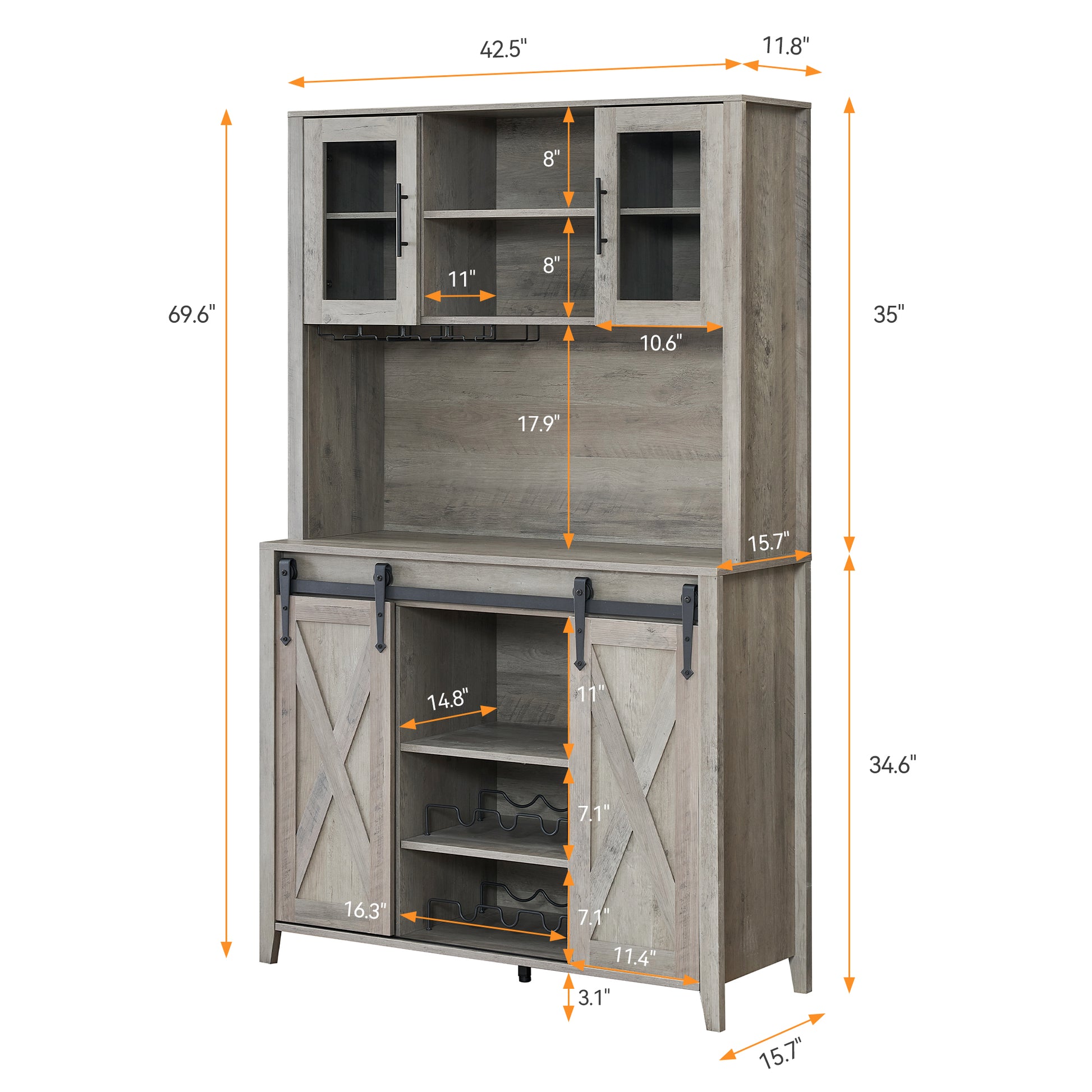 Garvee 70'' Wine Coffee Bar Cabinet with Storage Hutch, Tall Kitchen Pantry Liquor Cabinet with Sliding Barn Doors, Bottle Glasses Rack, Farmhouse Buffet for Home Dining Room, Gray