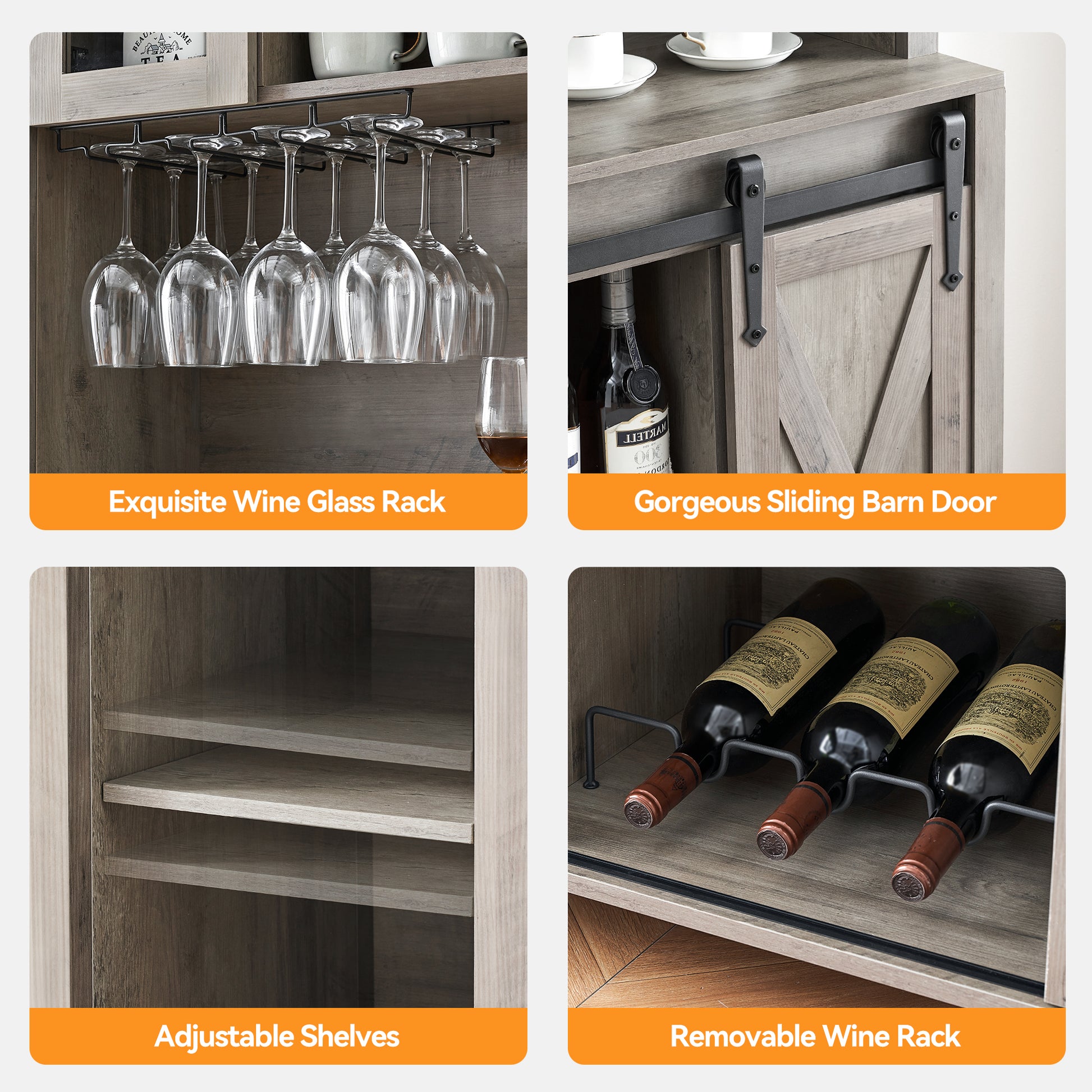 Garvee 70'' Wine Coffee Bar Cabinet with Storage Hutch, Tall Kitchen Pantry Liquor Cabinet with Sliding Barn Doors, Bottle Glasses Rack, Farmhouse Buffet for Home Dining Room, Gray