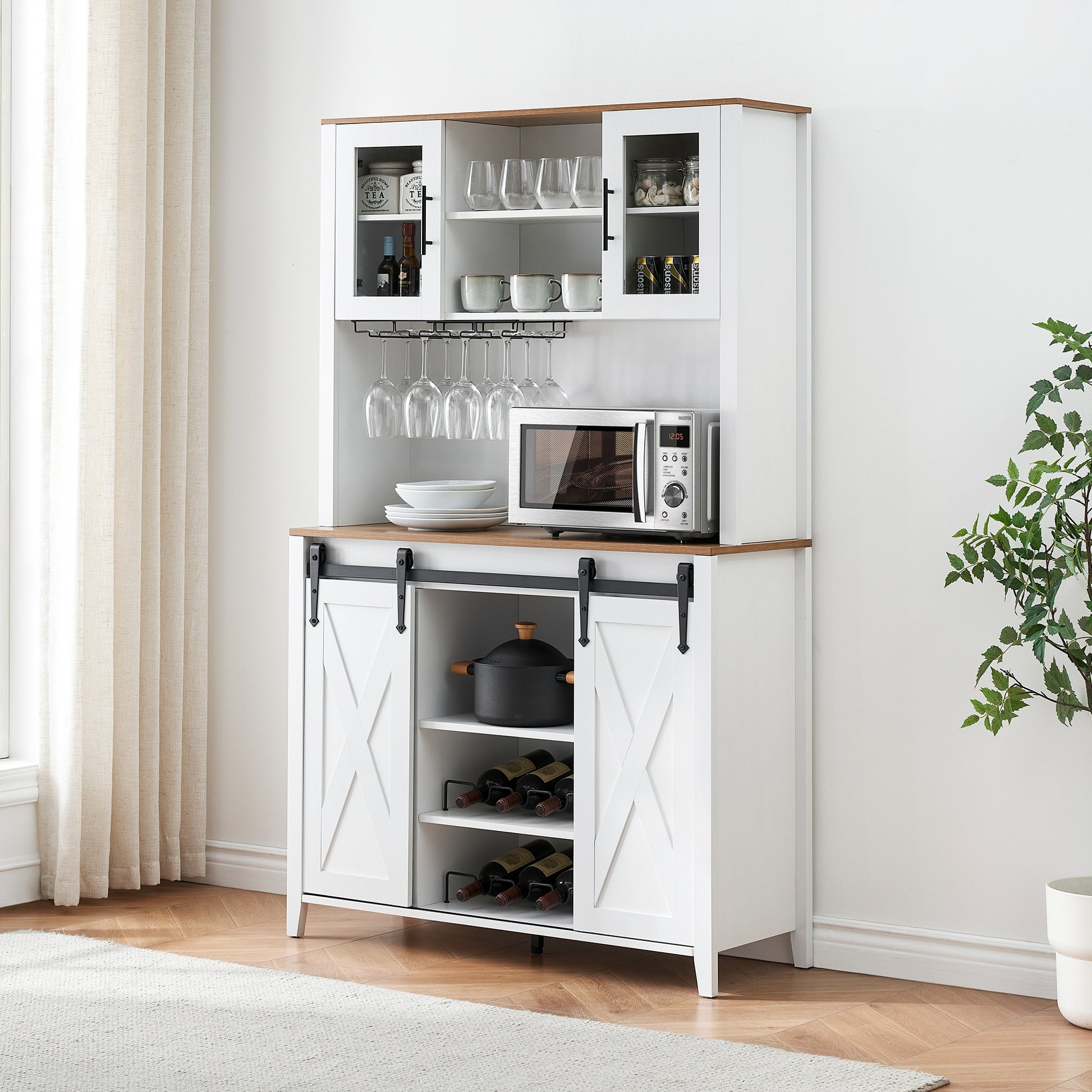 Garvee Farmhouse Wine Cabinet with Sliding Barn Door, 70" Country Wine Cabinet with Wine Rack and Wine Glass Rack, Buffet, Storage Rack, Kitchen Sideboard, Dining Room - White