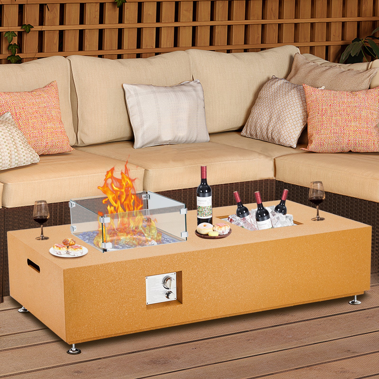Garvee 56" 50000 BTU Propane Fire Pit Table with 13" Square Ice Bucket, Wind Guard, Fire Glass Beads, CSA Certified Outdoor Firepit - Orange