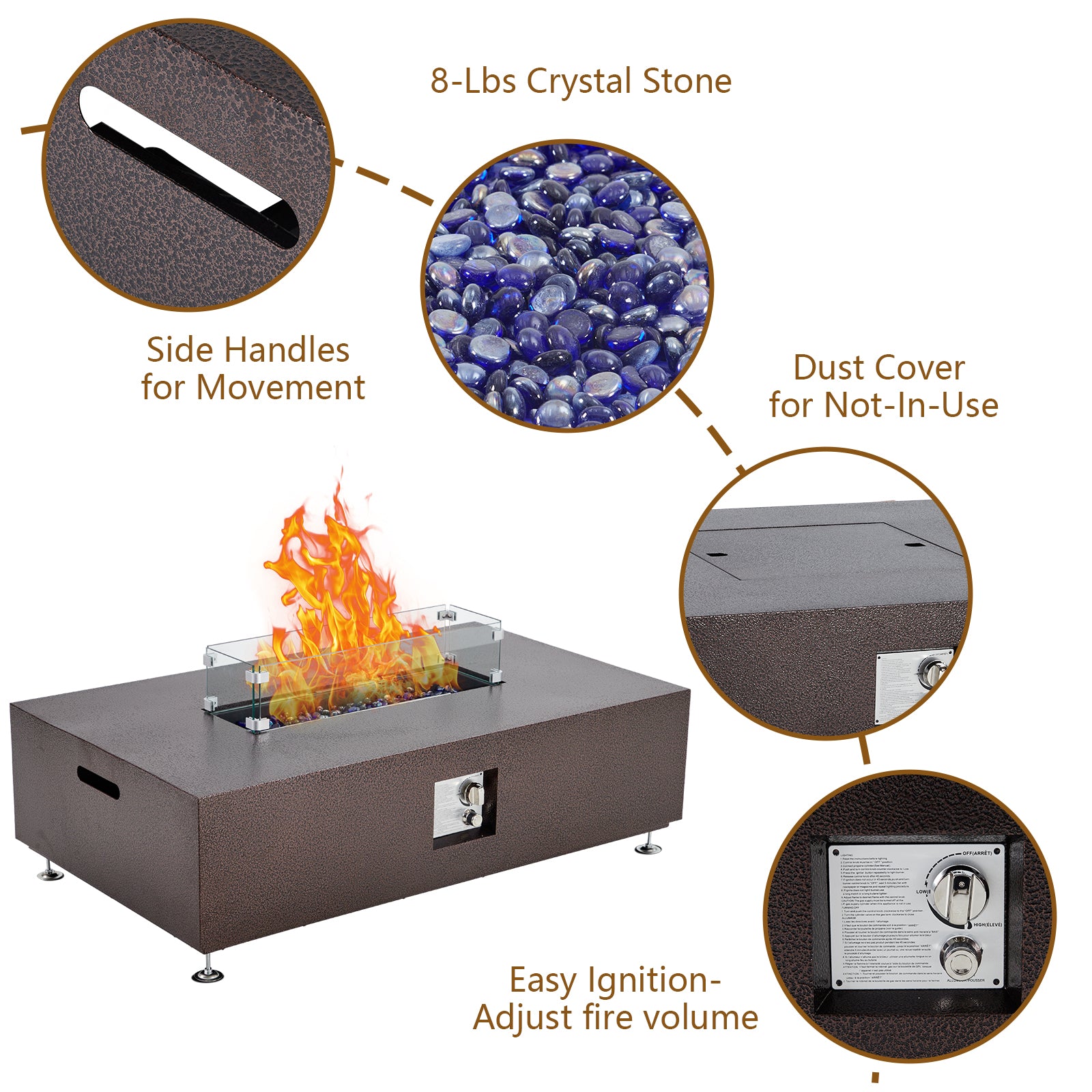 Garvee 48" 50000 BTU Propane Fire Pit Table with 13" Square Ice Bucket, Wind Guard, Fire Glass Beads, CSA Certified Outdoor Firepit - Bronze
