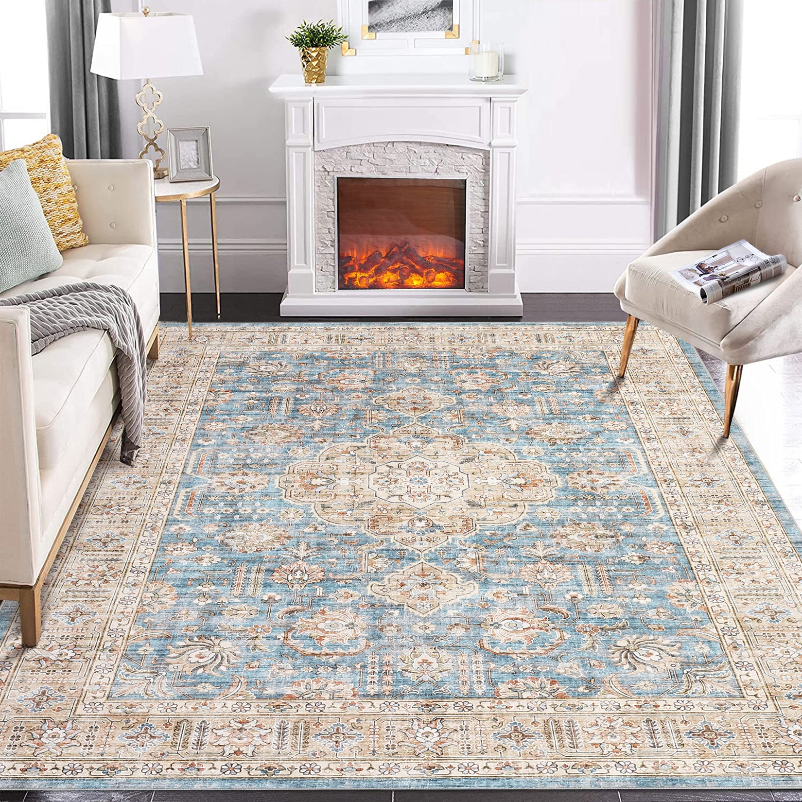 Garvee Washable Rug 6x9 Boho Soft Living Room Rugs Indoor Distressed Floor Carpet Vintage Rustic Farmhouse Area Rugs for Bedroom Non Slip Foldable Thin Rug for Kitchen Dining Room Kids Room Blue