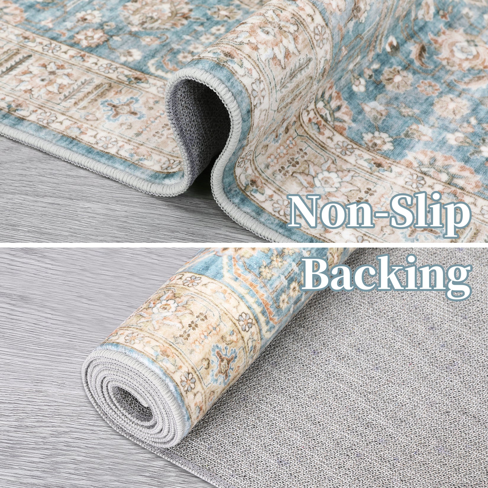 Garvee Area Rug Living Room Rug 10x13 Washable Rug Non Slip Backing Vintage Rug Soft Indoor Distressed Carpet Oriental Aesthetic Throw Carpet Foldable Thin Rug for Bedroom Nursery Dorm Office Blue
