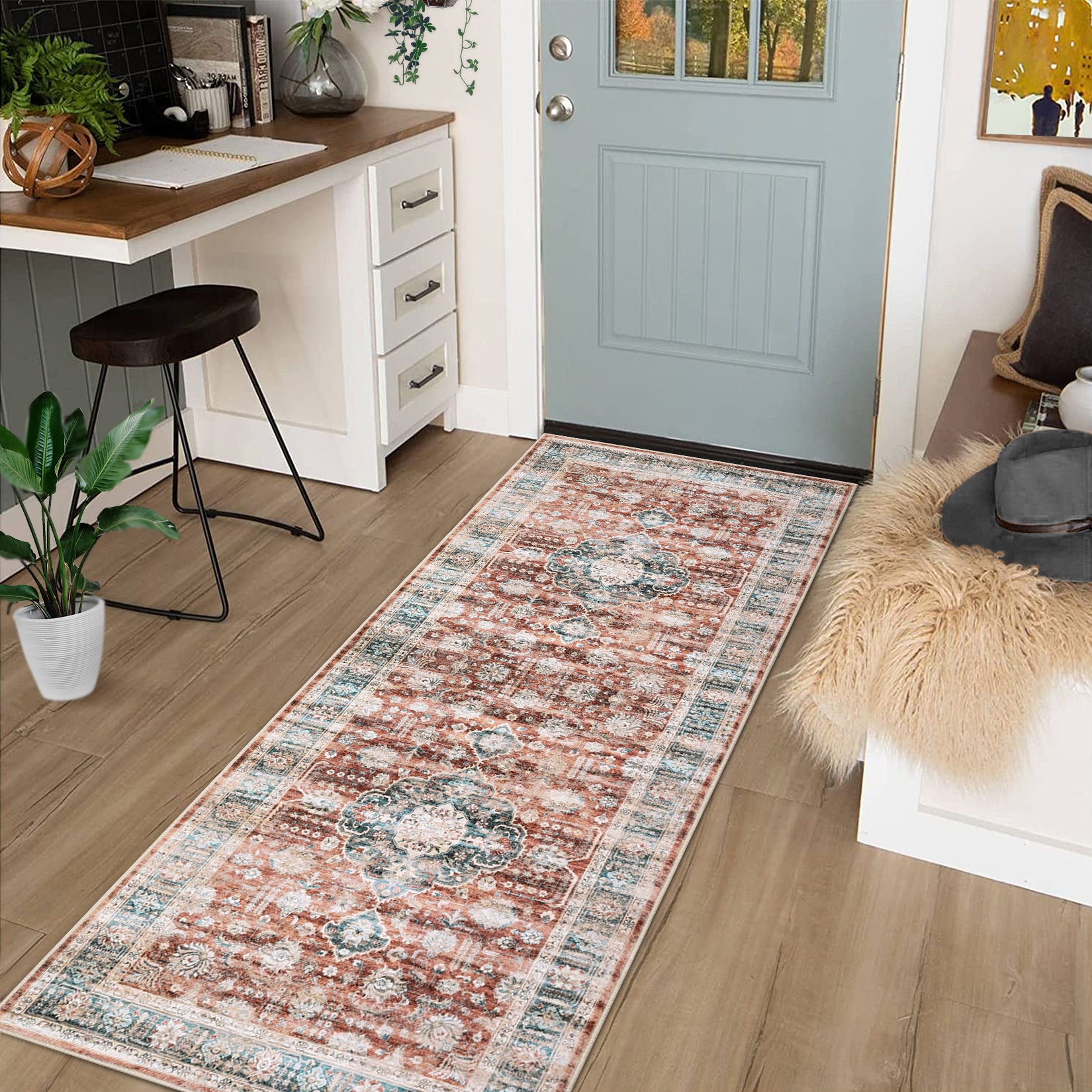 Garvee Area Rug 2x6 Vintage Rug Runner Washable Rug Soft Oriental Entryway Runners Indoor Hallway Kitchen Runners Non-Slip Non Shedding Long Rug Runner for Living Room Bedroom Bedside Bathroom Red