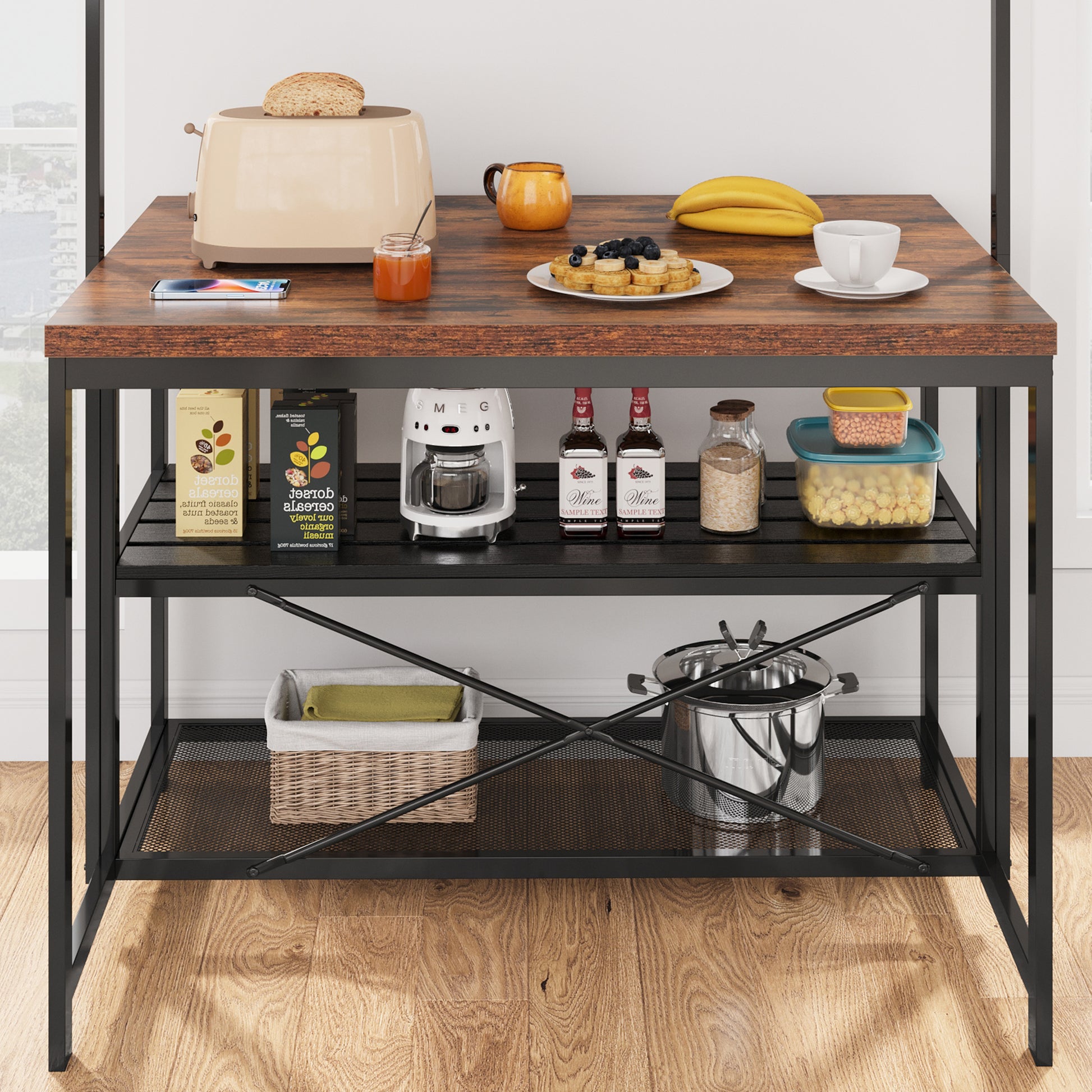 Garvee 42 inch Kitchen Island Bakers Rack 5 Hooks 3 Tier Microwave Stand Oven Shelf with Storage,Large Coffee Bar Table, Storage Shelf for Kitchen Dining Room Living Room