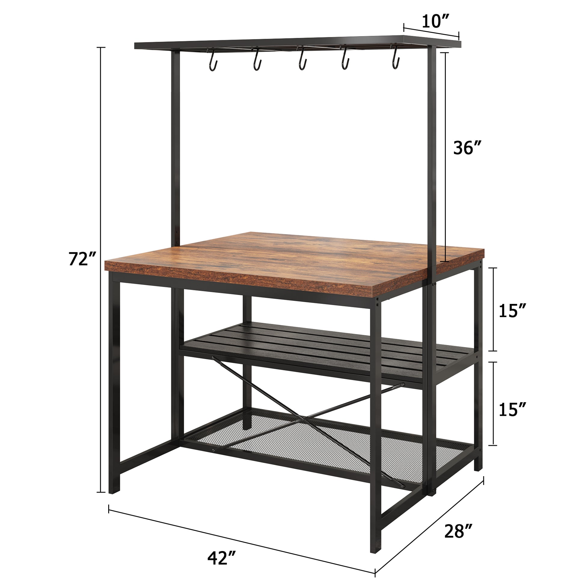 Garvee 42 inch Kitchen Island Bakers Rack 5 Hooks 3 Tier Microwave Stand Oven Shelf with Storage,Large Coffee Bar Table, Storage Shelf for Kitchen Dining Room Living Room