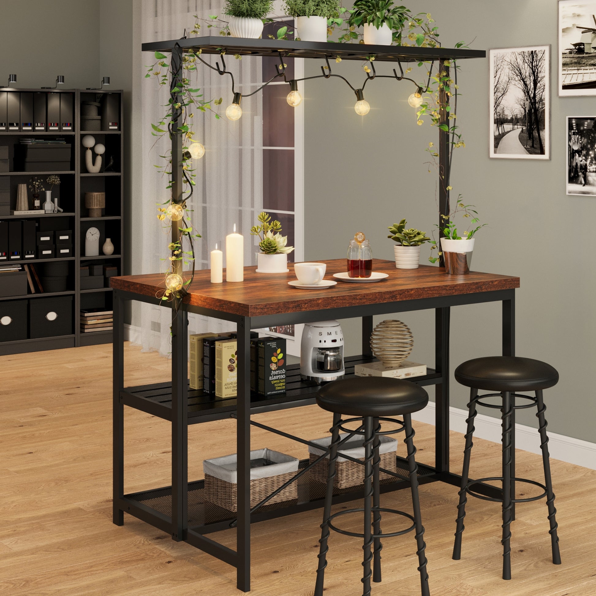 Garvee 42 inch Kitchen Island Bakers Rack 5 Hooks 3 Tier Microwave Stand Oven Shelf with Storage,Large Coffee Bar Table, Storage Shelf for Kitchen Dining Room Living Room