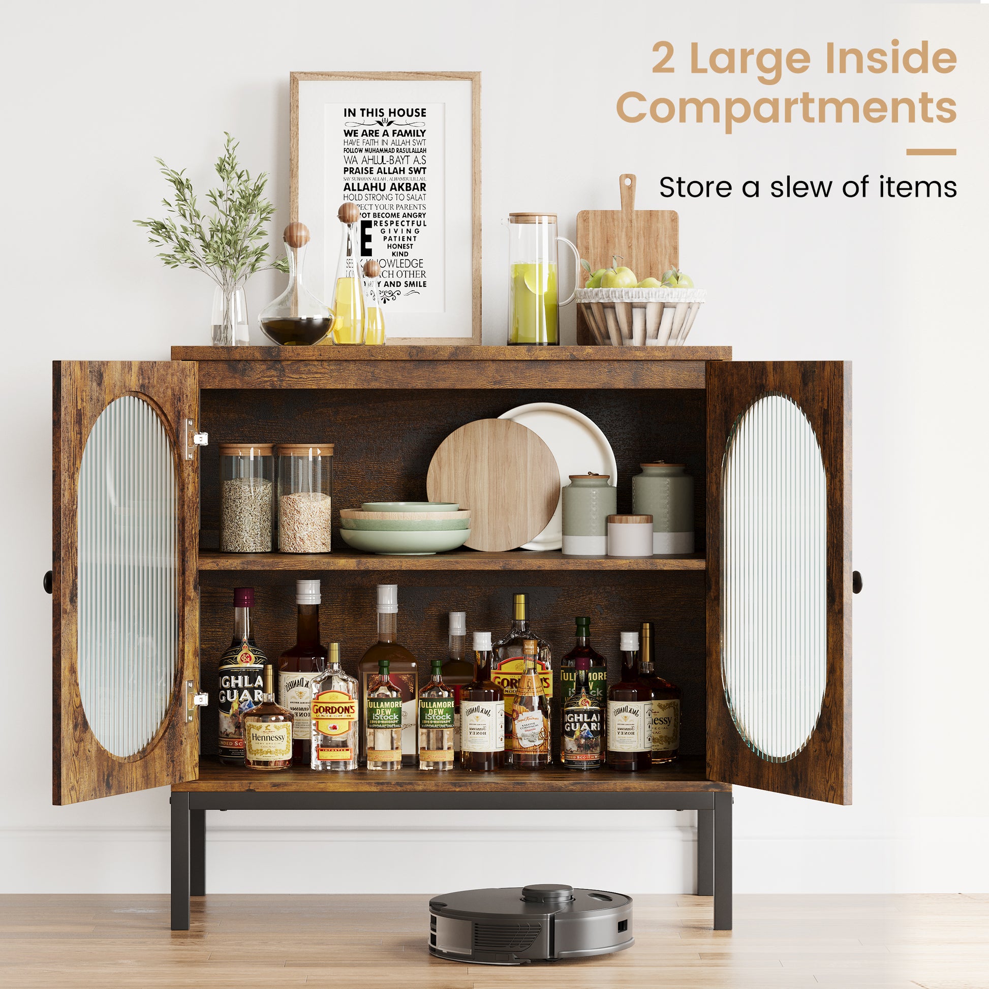 Garvee Buffet Cabinet, Storage Cabinet with Glass Doors and Adjustable Shelves, Farmhouse Cabinet Sideboard, Wood Console Cabinet for Kitchen, Living Room and Dining Room, Brown