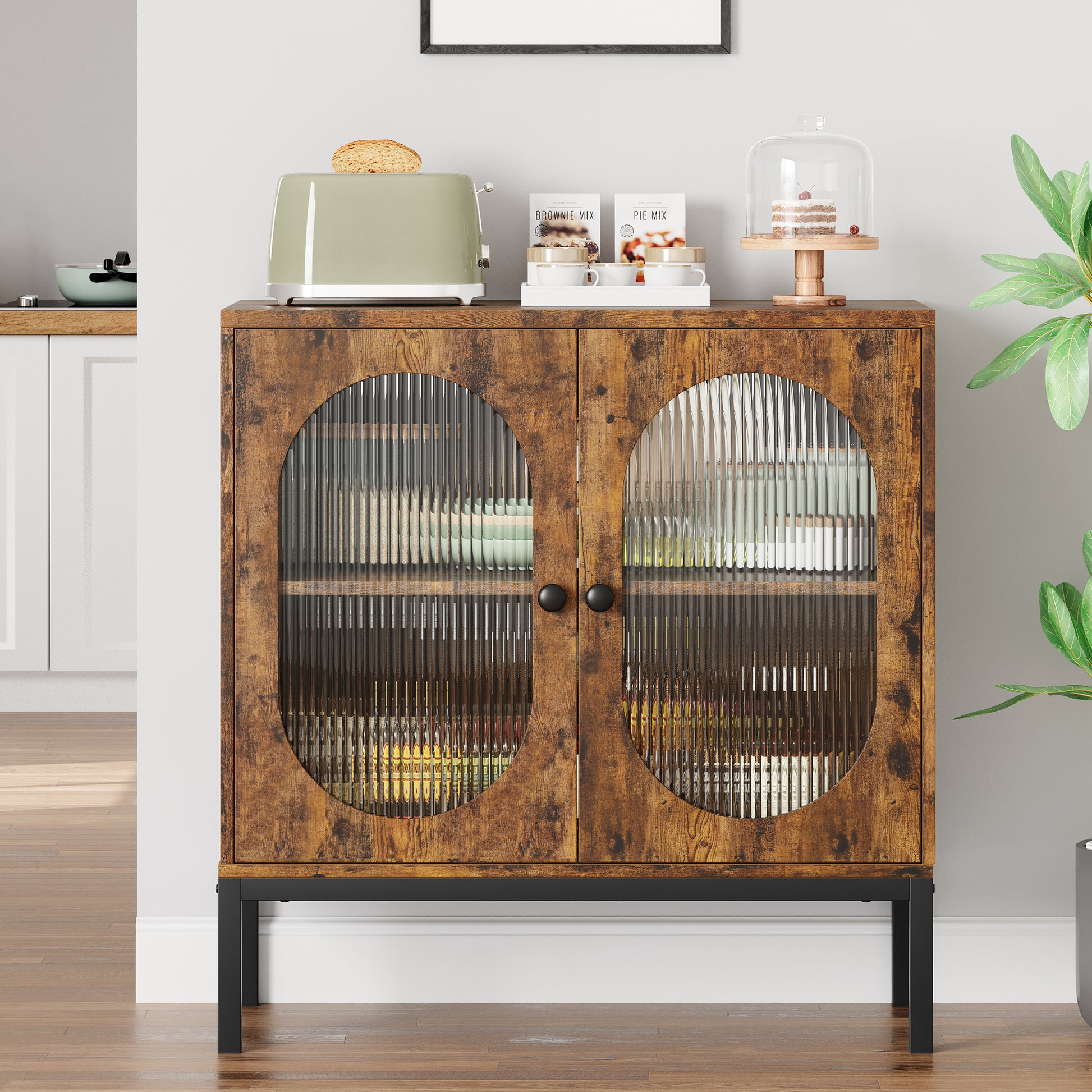 Garvee Buffet Cabinet, Storage Cabinet with Glass Doors and Adjustable Shelves, Farmhouse Cabinet Sideboard, Wood Console Cabinet for Kitchen, Living Room and Dining Room, Brown