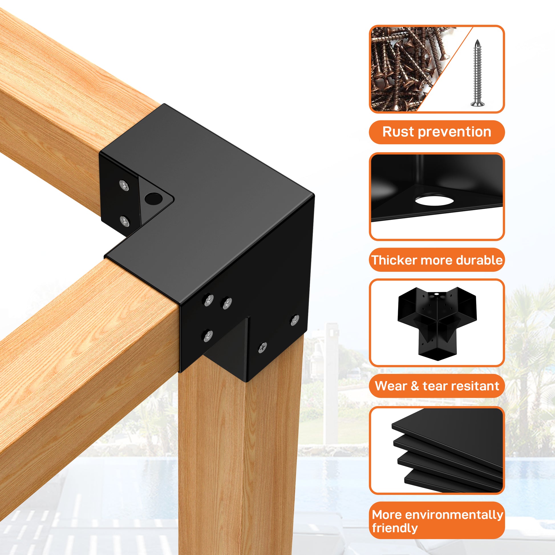 Garvee 4″×4″ (Inner 3.6″x3.6″) Pergola Bracket Kit (4x 3-Way + 4x Base) for Wood Beams – Heavy Duty Steel Connectors – DIY Gazebo, Patio, Deck, Outdoor Pergola, Black
