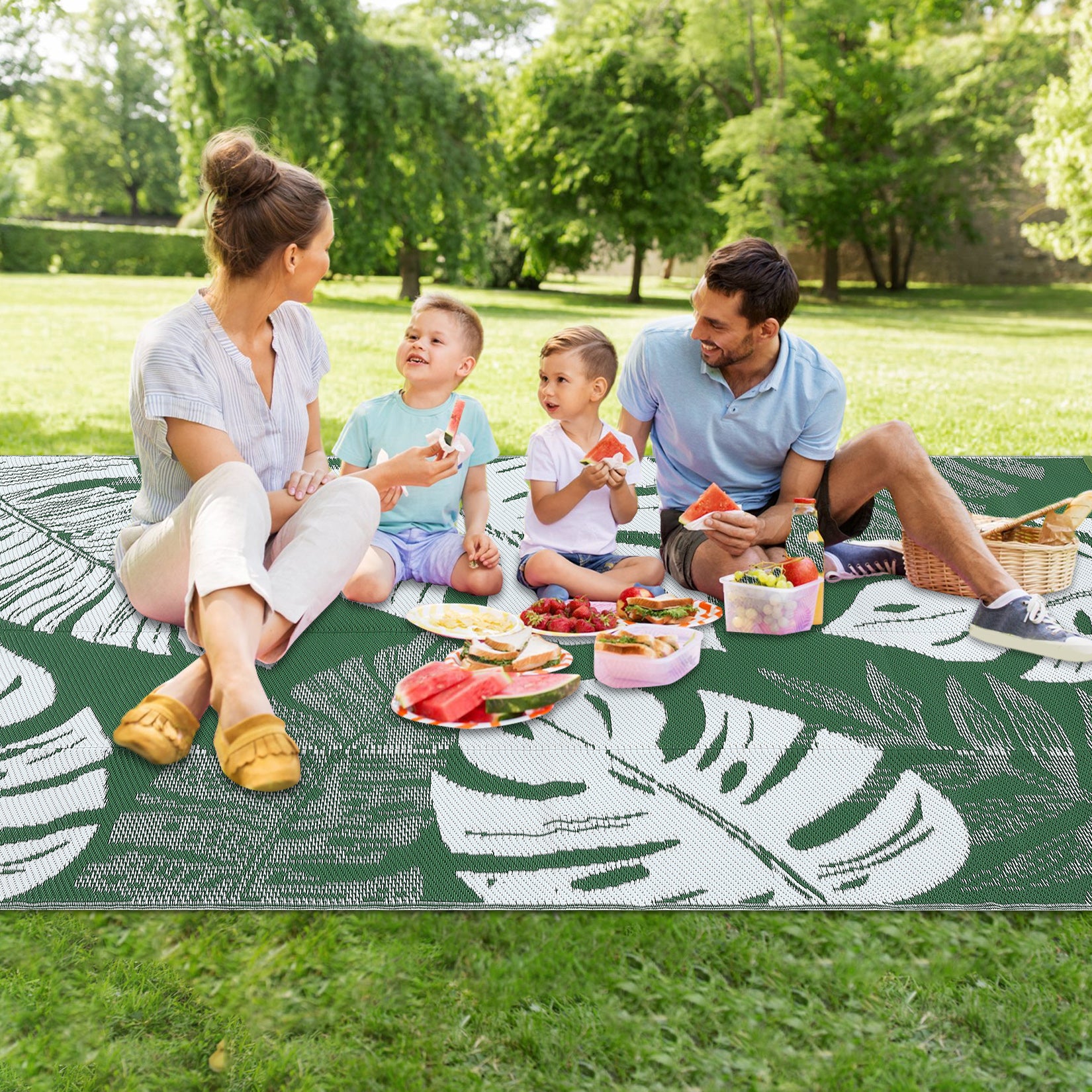 Garvee 9x12 Outdoor Rug Waterproof Reversible Plastic Straw Patio Rug with Tropical Palm Leaves, Lightweight Indoor Outdoor Carpet for Deck, RV, Camping & Beach, Green