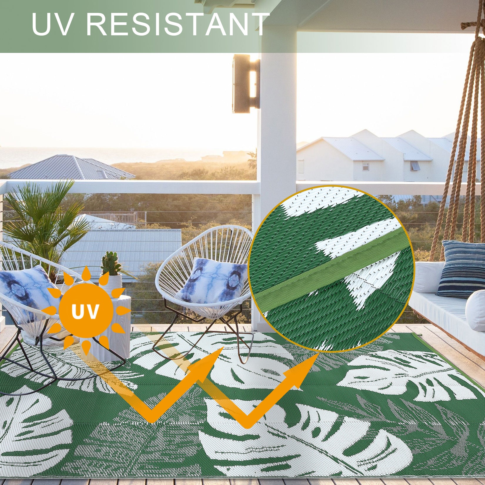 Garvee Outdoor Green 8x10 Rug Waterproof Reversible Outdoor Plastic Straw Rug Modern Palm Leaves Patio Rug Indoor Outdoor Carpet RV Mat Outside for Patio Camp Balcony Deck Picnic