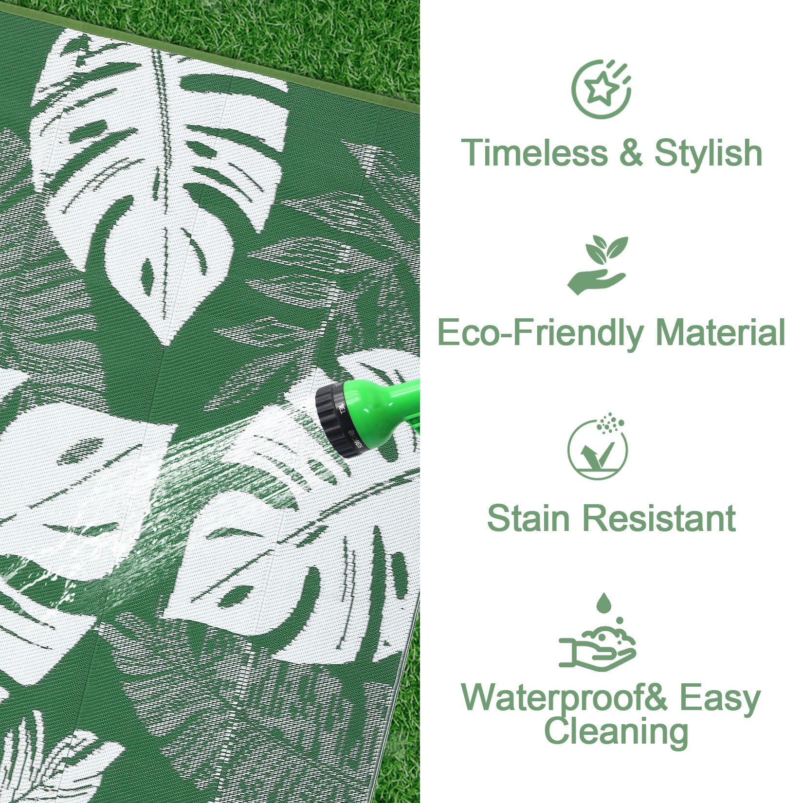 Garvee Outdoor Green 8x10 Rug Waterproof Reversible Outdoor Plastic Straw Rug Modern Palm Leaves Patio Rug Indoor Outdoor Carpet RV Mat Outside for Patio Camp Balcony Deck Picnic