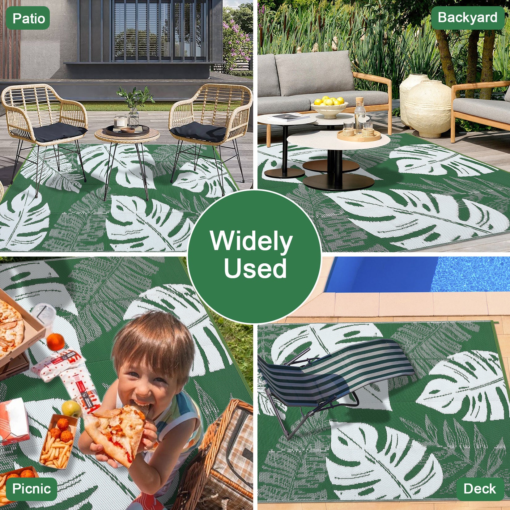 Garvee Outdoor Green 8x10 Rug Waterproof Reversible Outdoor Plastic Straw Rug Modern Palm Leaves Patio Rug Indoor Outdoor Carpet RV Mat Outside for Patio Camp Balcony Deck Picnic
