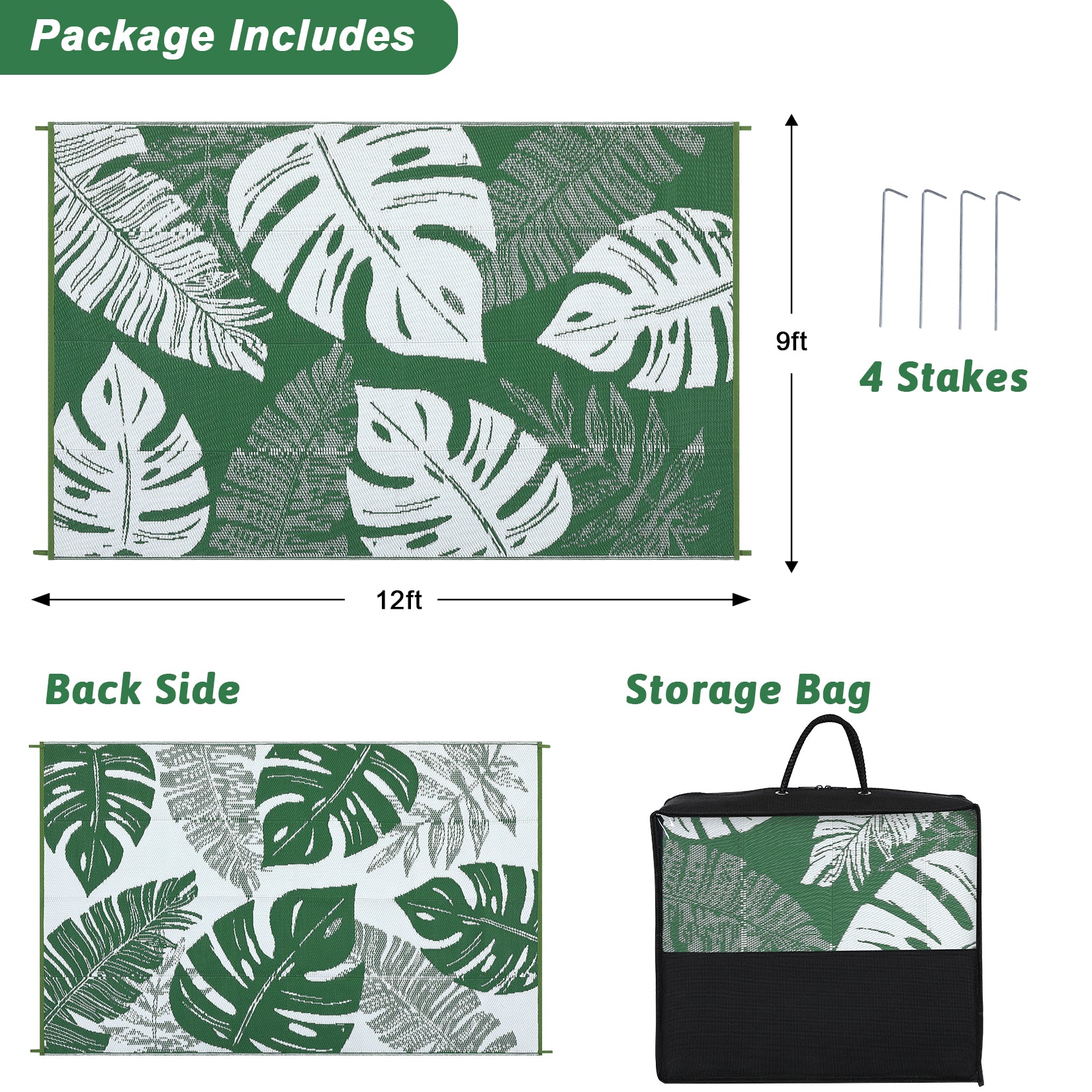 Garvee 9x12 Outdoor Rug Waterproof Reversible Plastic Straw Patio Rug with Tropical Palm Leaves, Lightweight Indoor Outdoor Carpet for Deck, RV, Camping & Beach, Green