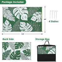 Garvee 9x12 Outdoor Rug Waterproof Reversible Plastic Straw Patio Rug with Tropical Palm Leaves, Lightweight Indoor Outdoor Carpet for Deck, RV, Camping & Beach, Green