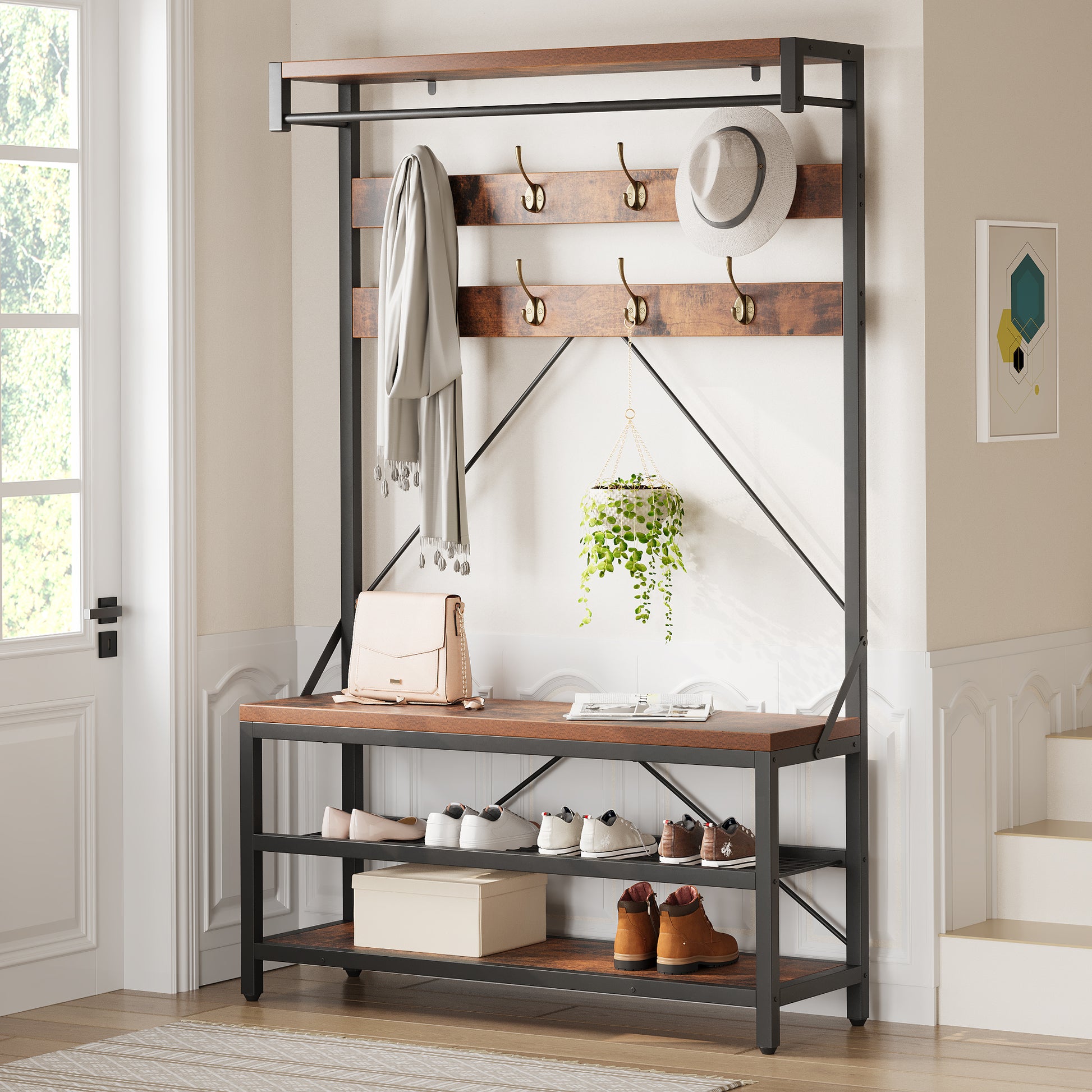 Garvee Industrial Hall Tree Storage Shoe Bench, 72" Mudroom Hall Tree with 8 Hanging Hooks, Shoe Rack, Storage Shelf Hanging Bar, Coat Rack Shoe Bench for Entryway, Brown