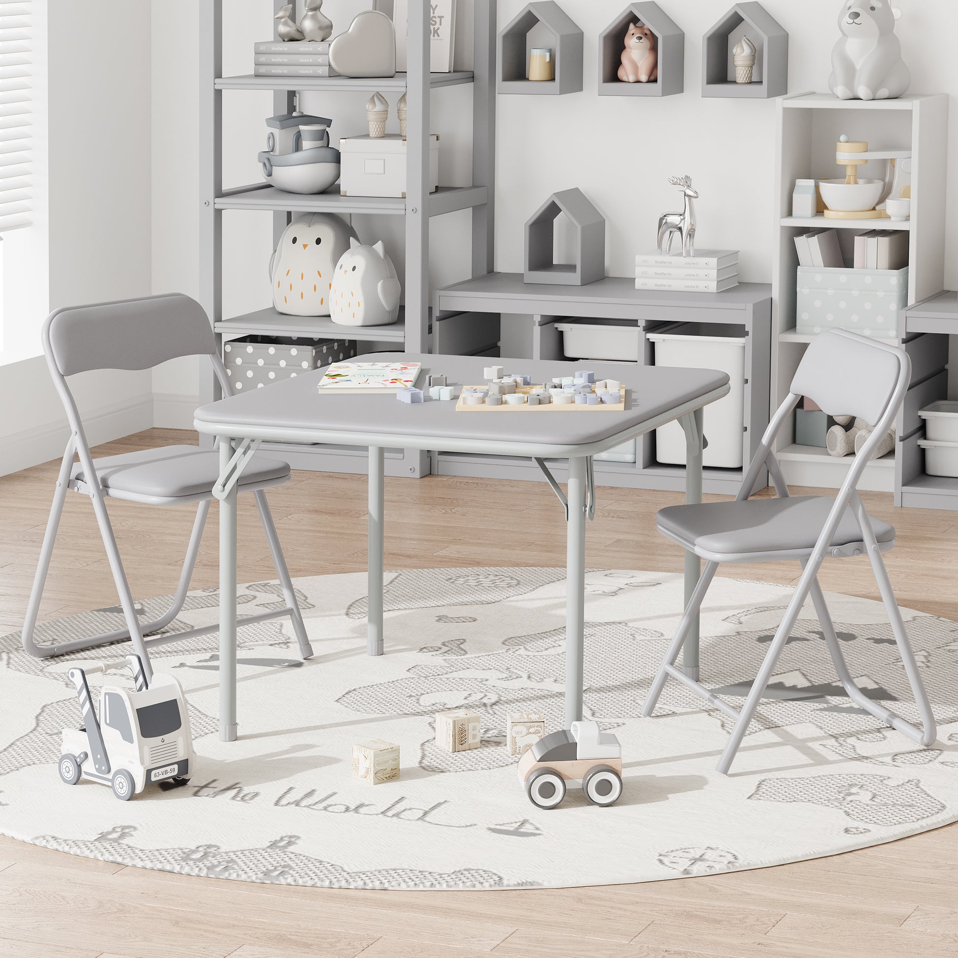 Garvee Boys and Girls Folding Table and Chairs Set of 3, Portable Table and Chair with Pu Soft Cushion, No Installation Required, Suitable for Eating, Reading and Playing, Grey