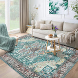 Garvee Machine Washable Rug 9x12 Vintage Design Area Rugs with Non Slip Rugs for Living Room Bedroom Floral Print Rug Carpet Stain Resistant, Green - Green