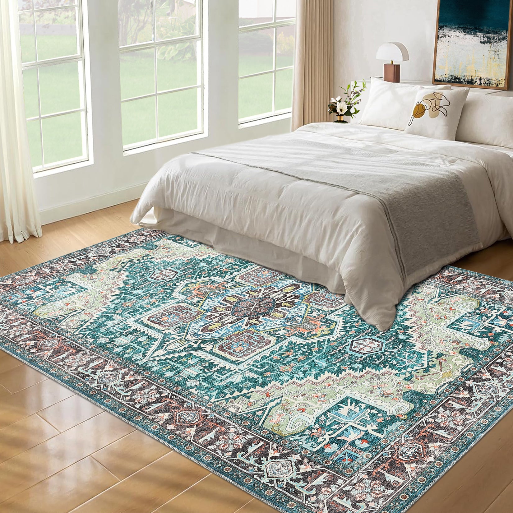 Garvee Machine Washable Rug 9x12 Vintage Design Area Rugs with Non Slip Rugs for Living Room Bedroom Floral Print Rug Carpet Stain Resistant, Green