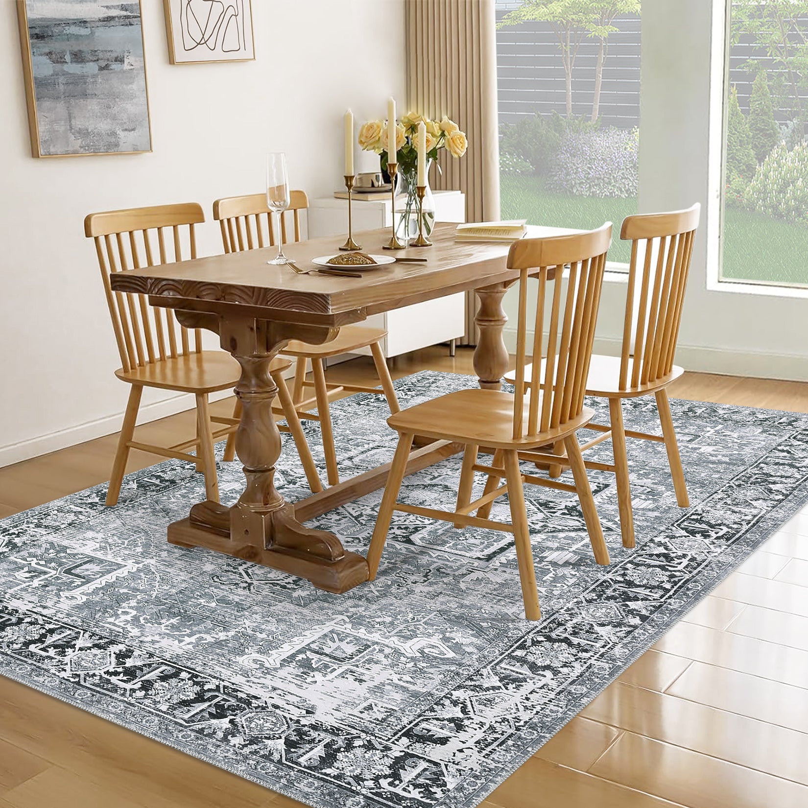 Garvee Machine Washable Rug 6x9 Vintage Design Area Rugs with Non Slip Rugs for Living Room Bedroom Floral Print Rug Carpet Stain Resistant, Grey