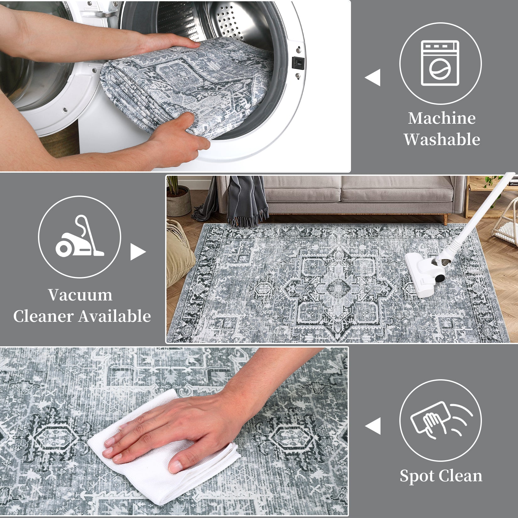 Garvee Machine Washable Rug 9x12 Vintage Design Area Rugs with Non Slip Rugs for Living Room Bedroom Floral Print Rug Carpet Stain Resistant, Grey