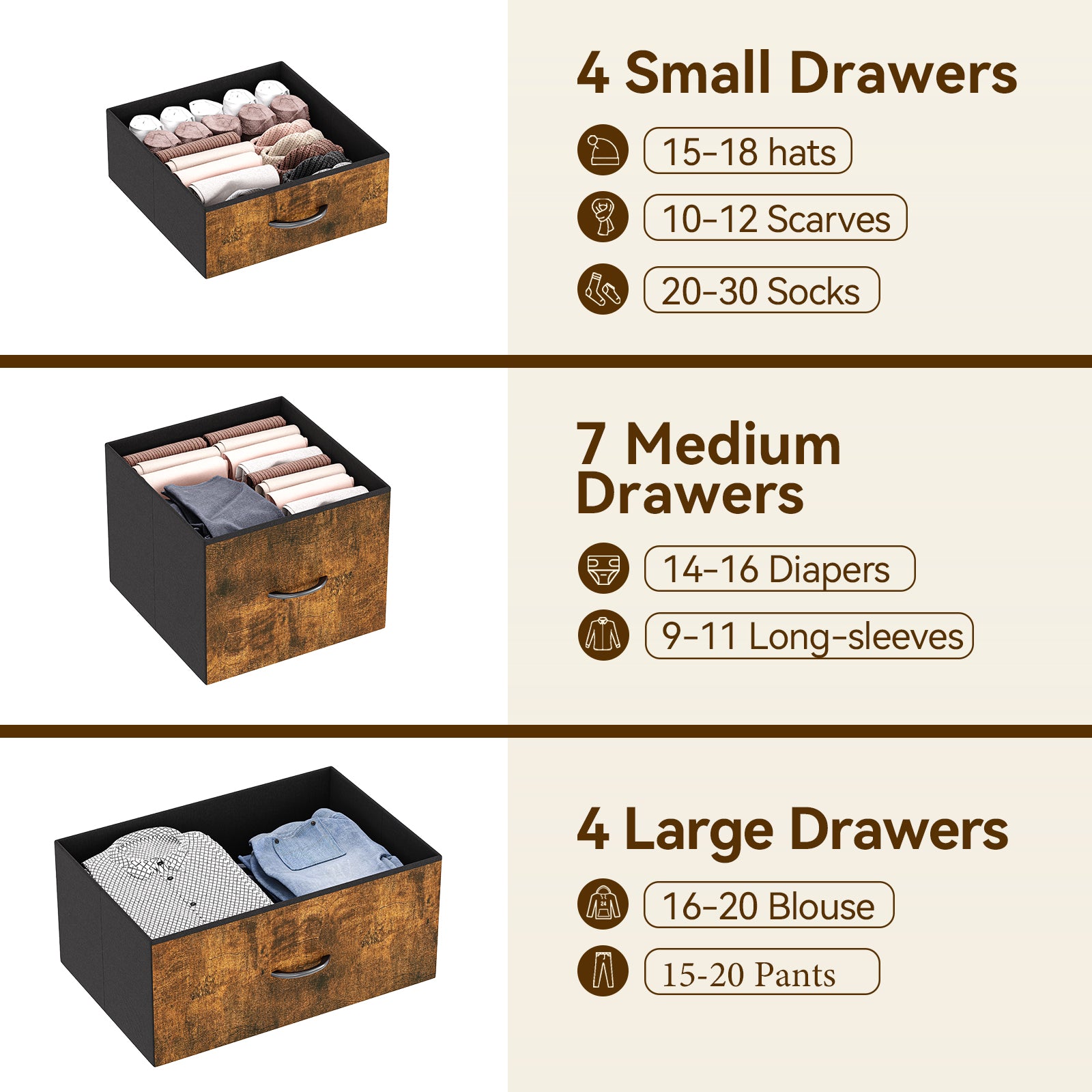 Garvee 15 Drawer Dresser for Bedroom, Tall Storage Organizer with Fabric, Metal Frame, Wood Top, Side Pockets & Hooks, Easy Assembly(Brown)