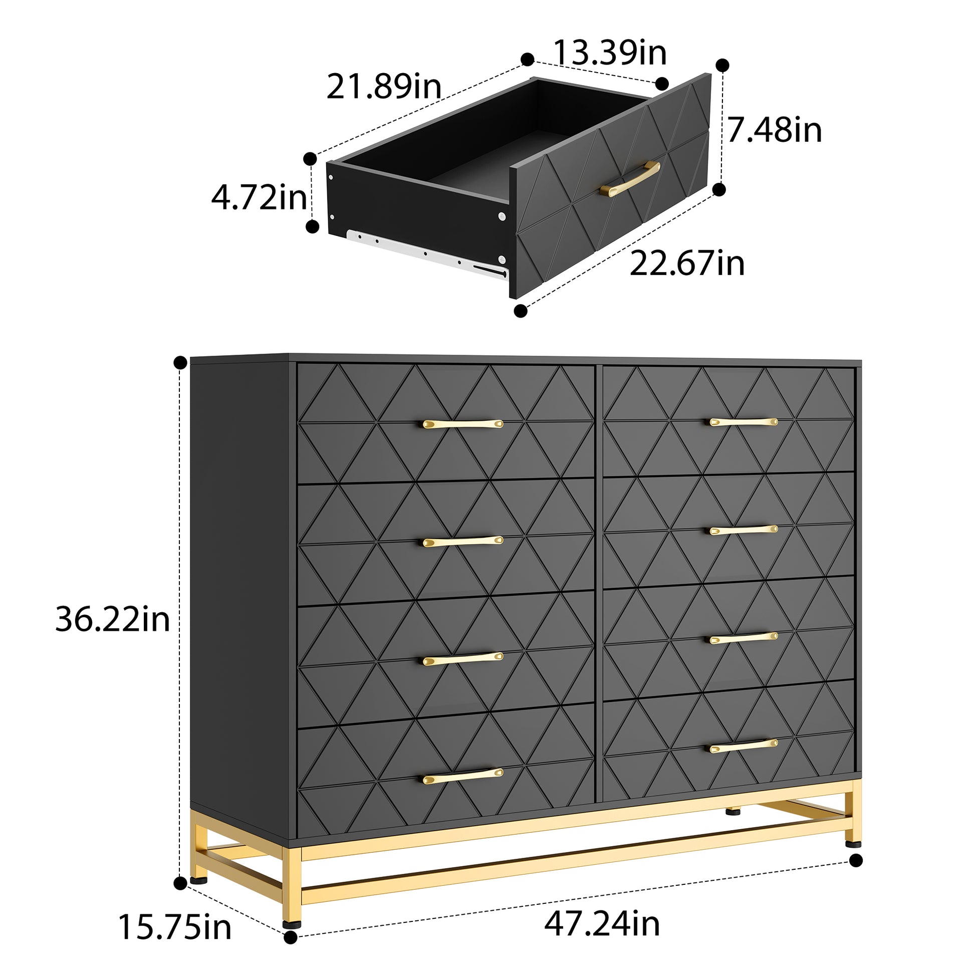 Garvee 8 Drawer Dresser, TV Stand Dressers Chest with Metal Handles, Wood Storage Dresser for Bedroom, Living Room, and Entryway, Black