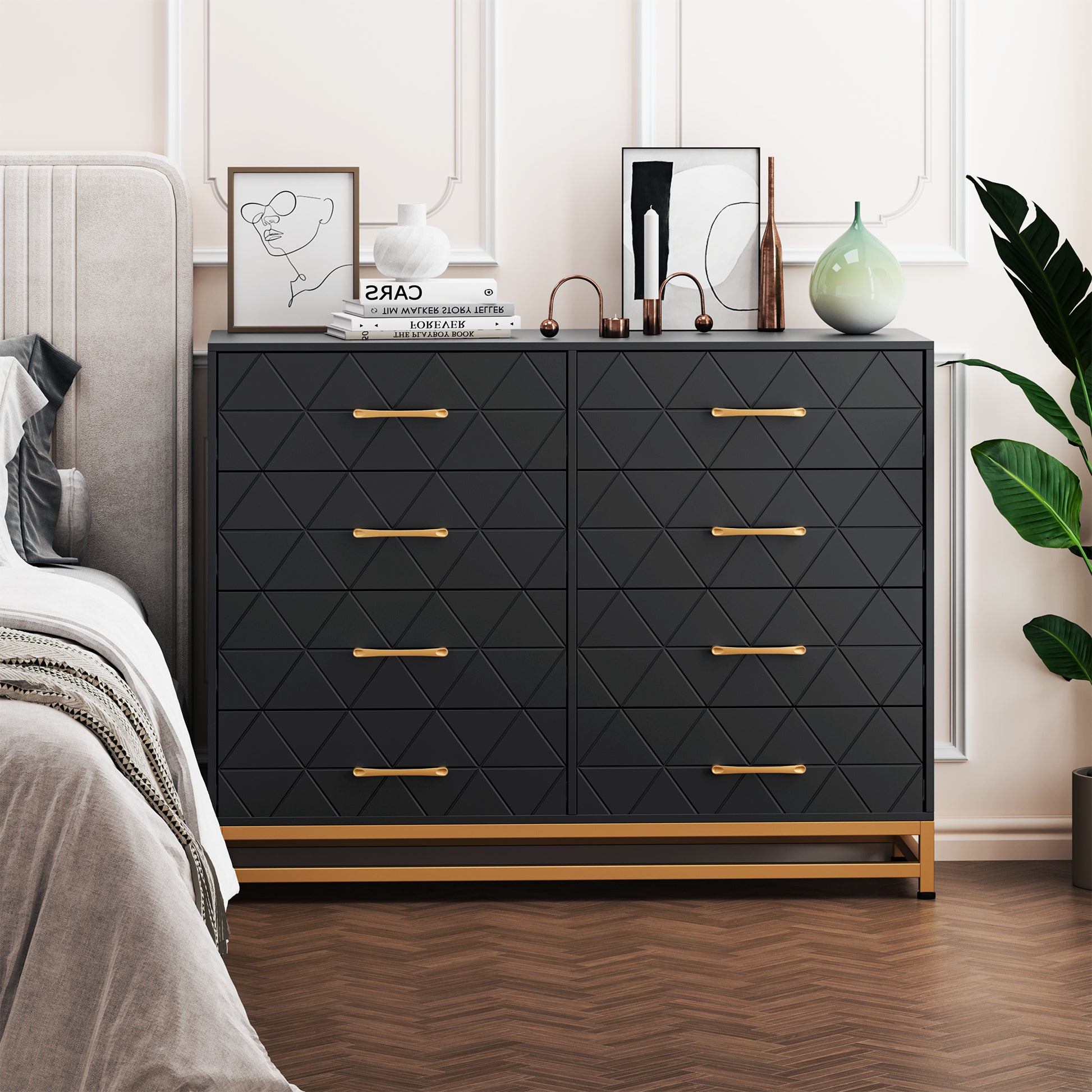 Garvee 8 Drawer Dresser, TV Stand Dressers Chest with Metal Handles, Wood Storage Dresser for Bedroom, Living Room, and Entryway, Black